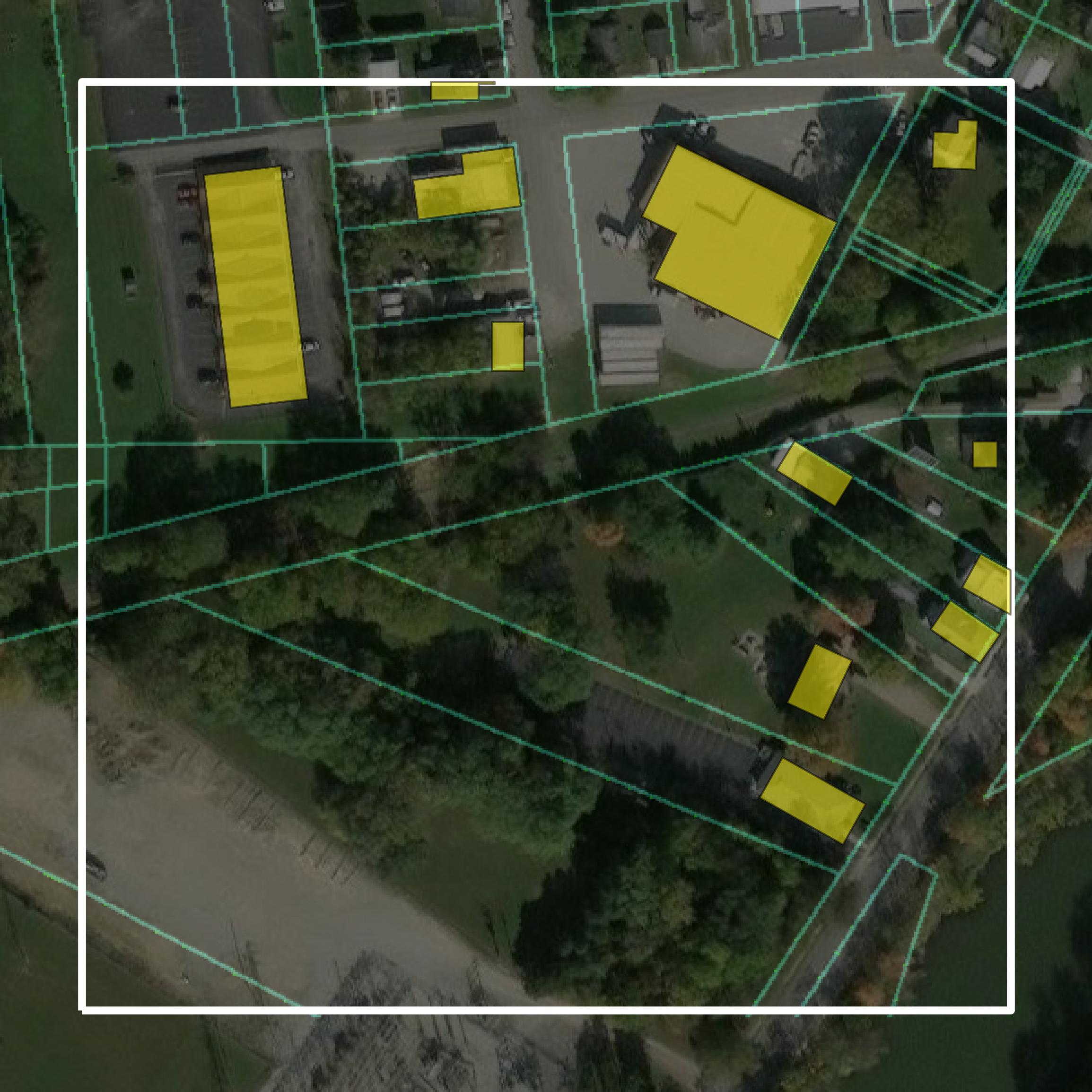 This image shows parcel and building data in Seneca County created using GIS data in Equator.