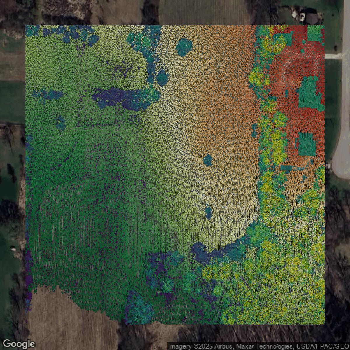 This image shows a LiDAR point cloud in Summit County created using GIS data in Equator.