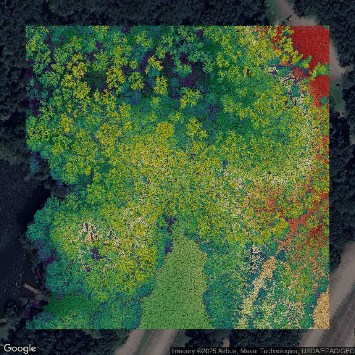 This image shows a LiDAR point cloud in Summit County created using GIS data in Equator.