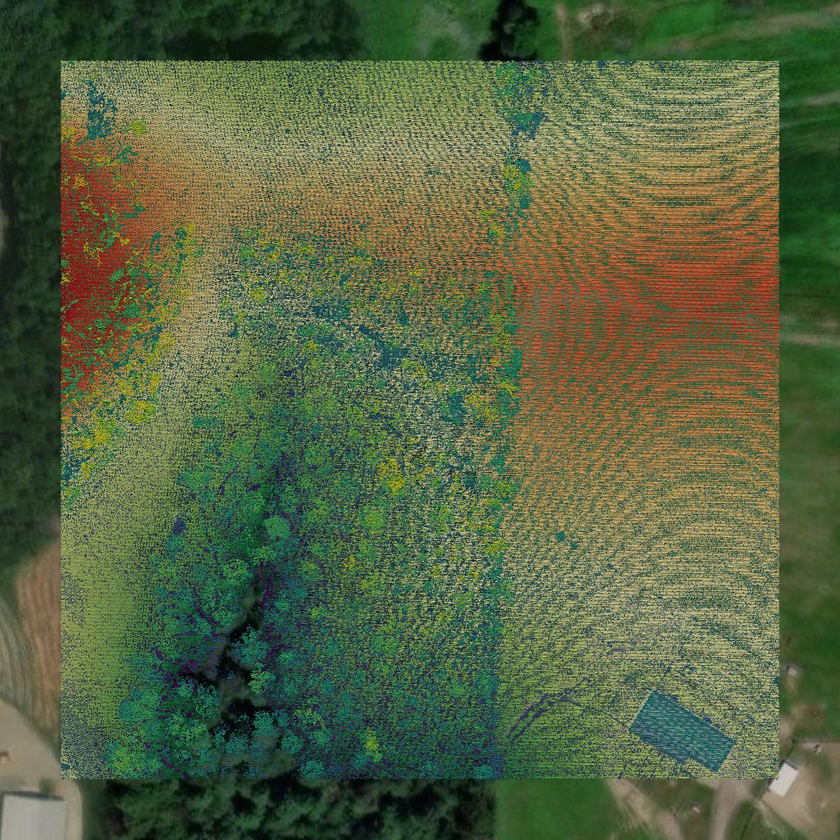 This image shows a LiDAR point cloud in Tuscarawas County created using GIS data in Equator.