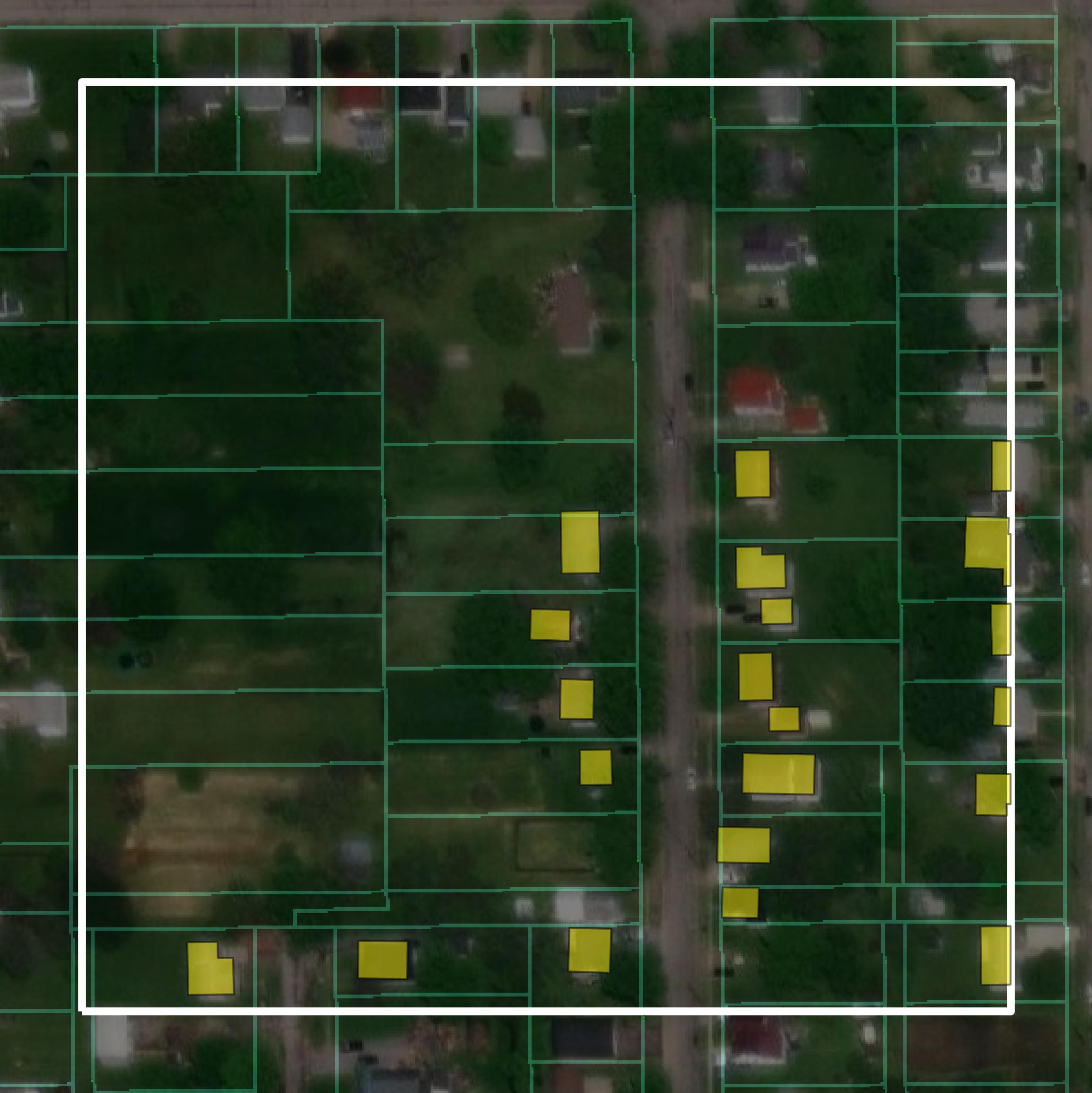 This image shows parcel and building data in Van Wert County created using GIS data in Equator.