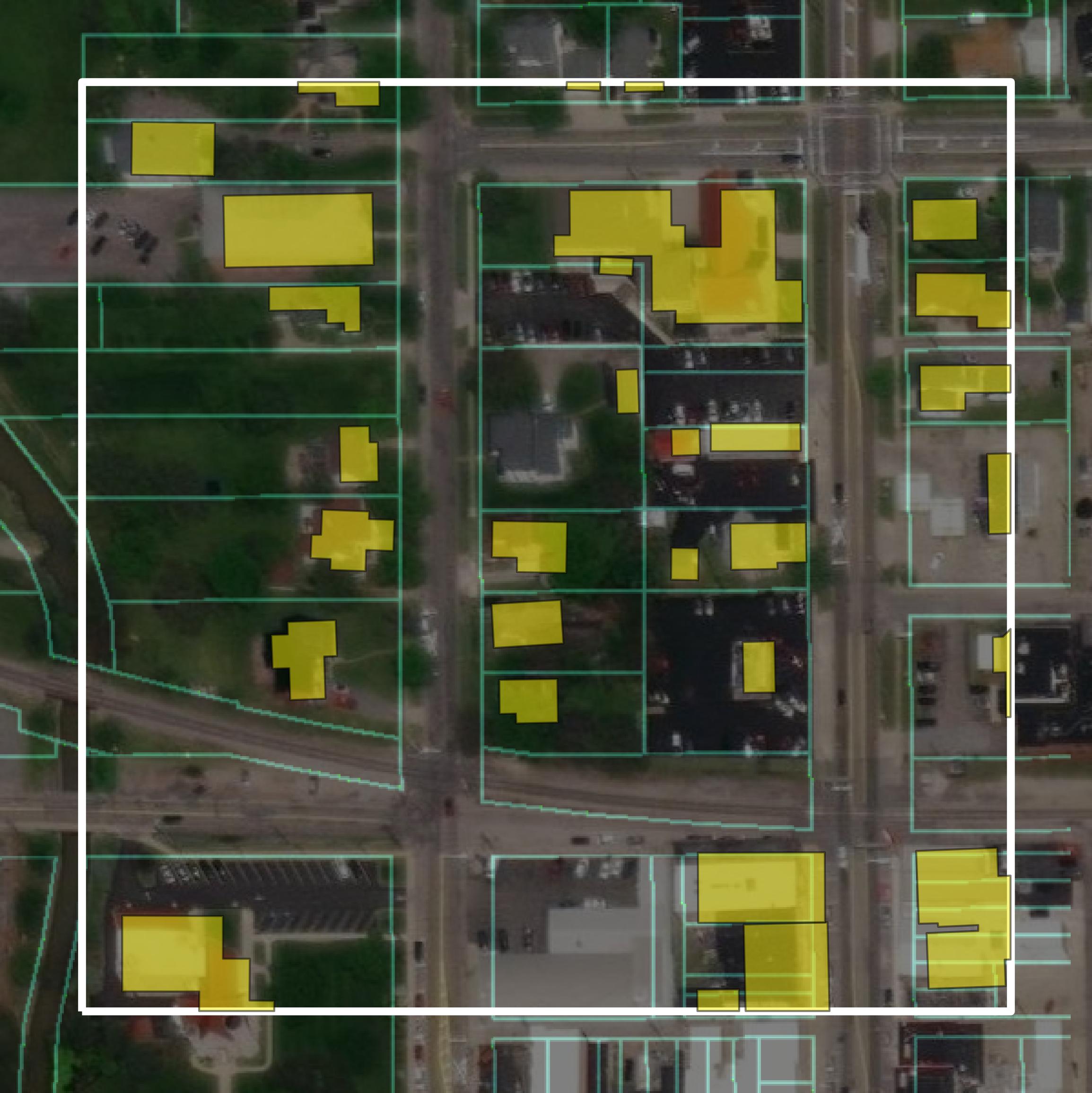 This image shows parcel and building data in Van Wert County created using GIS data in Equator.