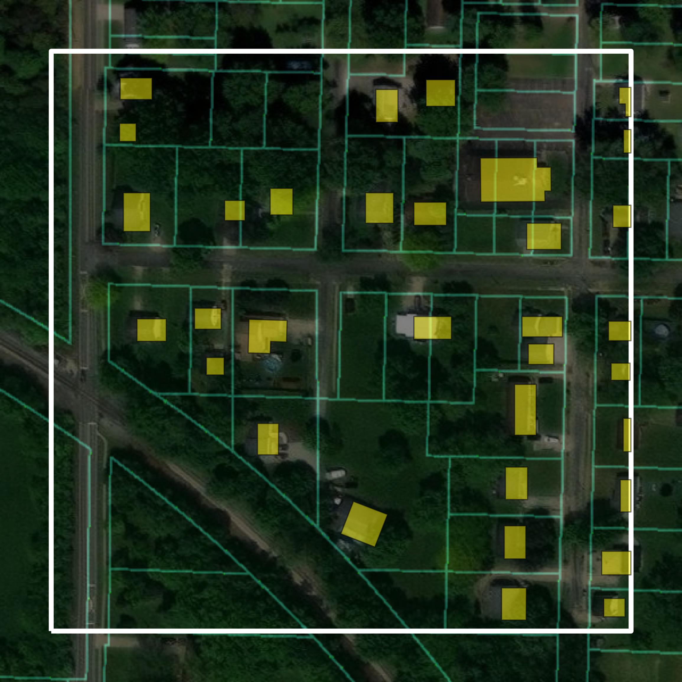 This image shows parcel and building data in Wayne County created using GIS data in Equator.