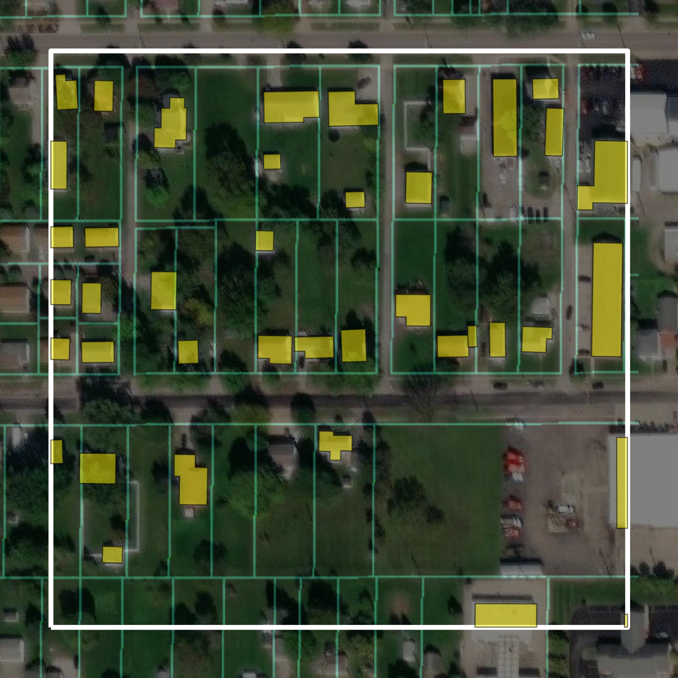 This image shows parcel and building data in Williams County created using GIS data in Equator.