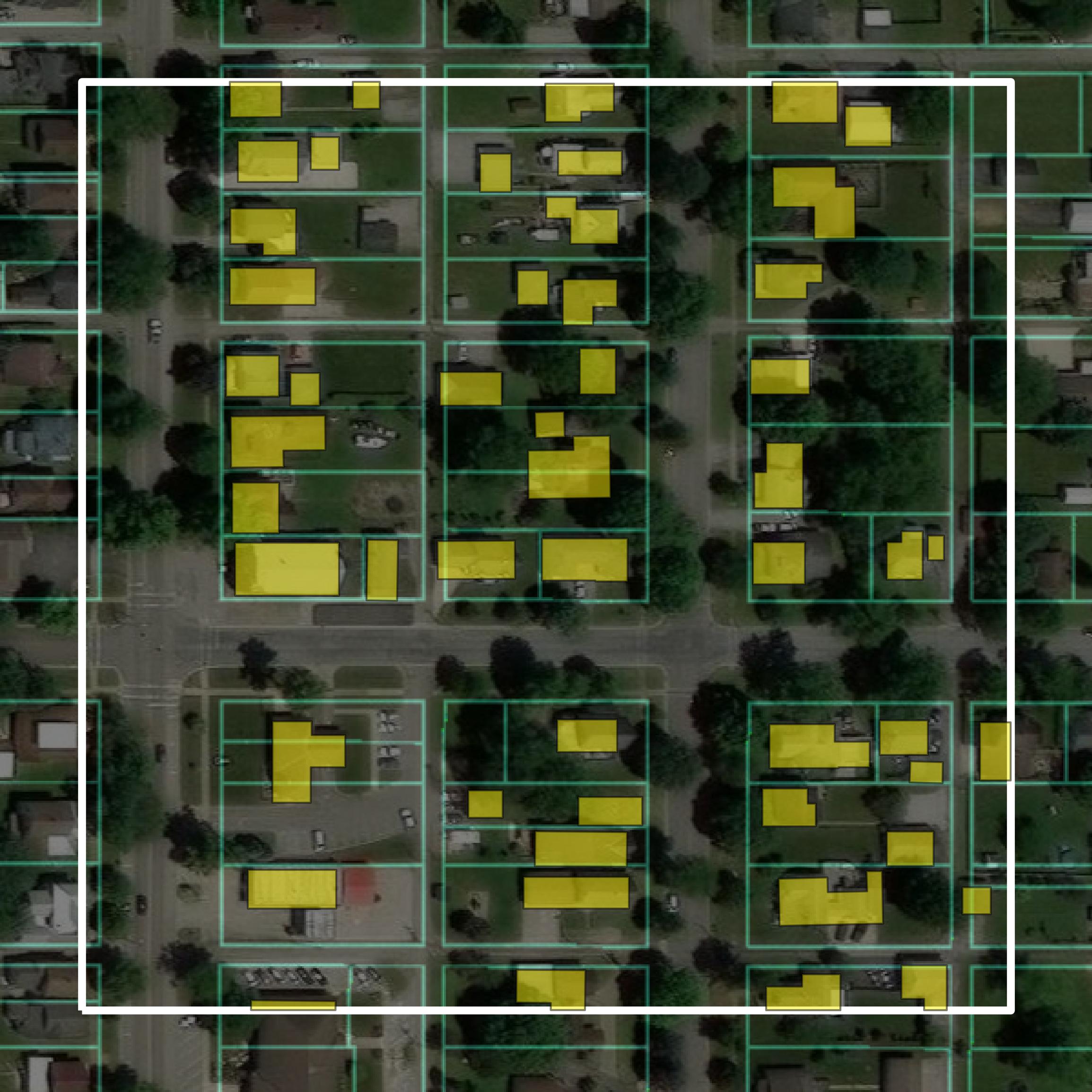 This image shows parcel and building data in Wyandot County created using GIS data in Equator.