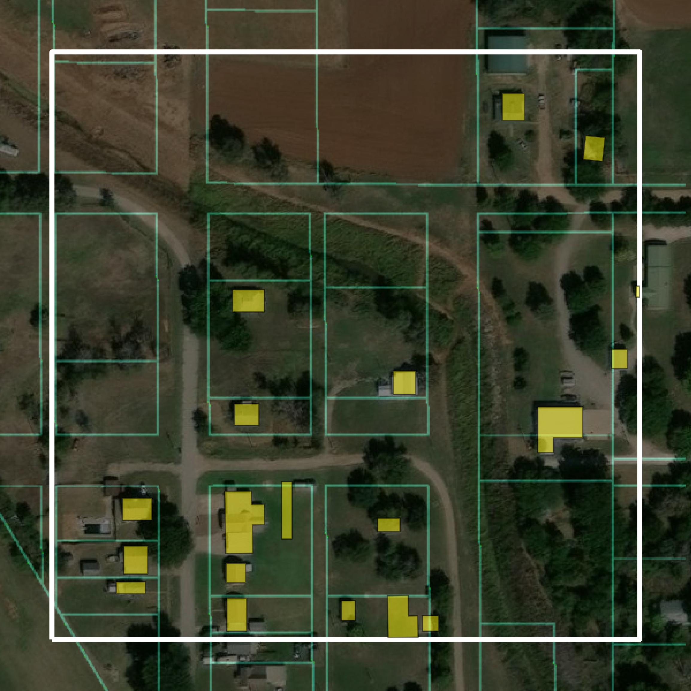 This image shows parcel and building data in Alfalfa County created using GIS data in Equator.