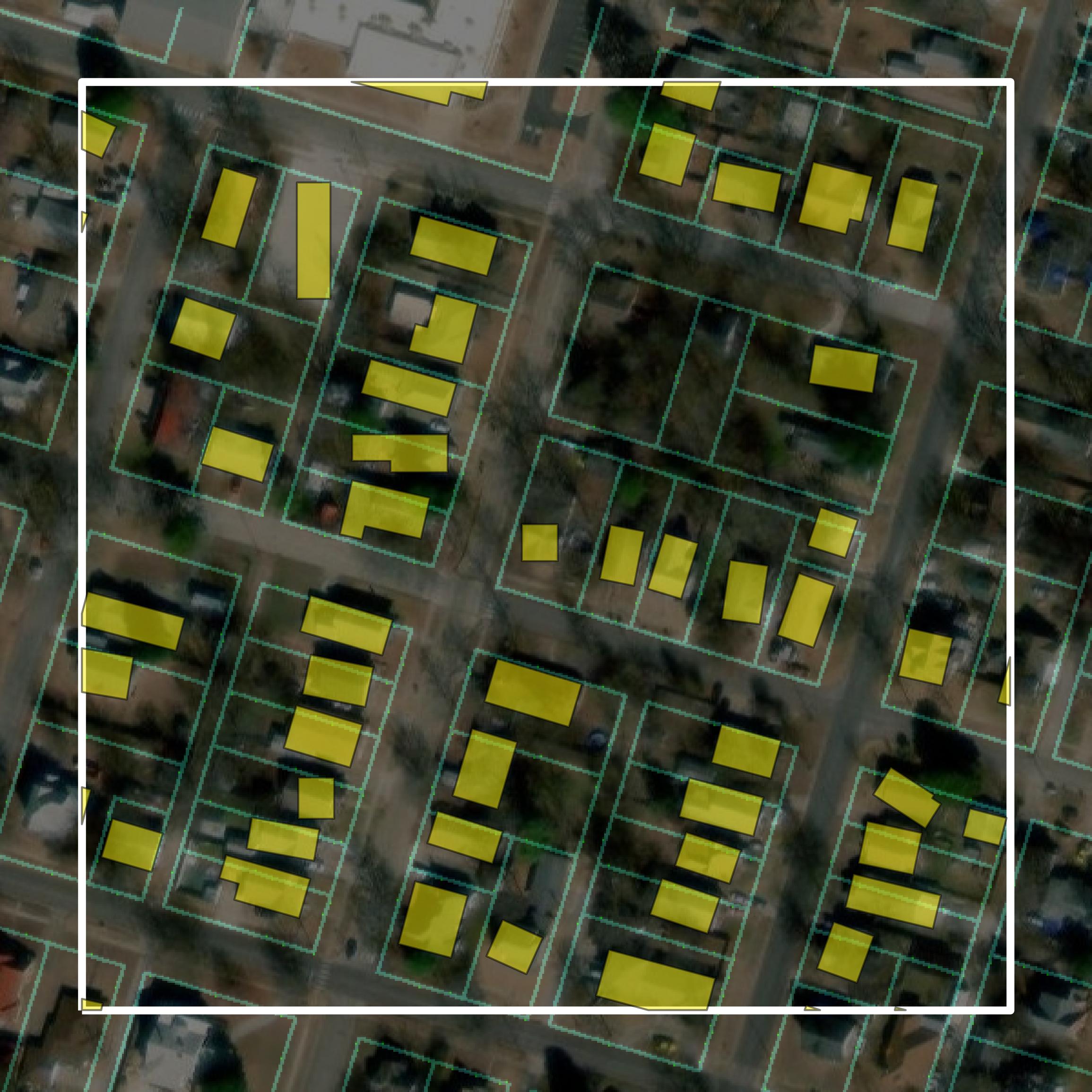 This image shows parcel and building data in Bryan County created using GIS data in Equator.