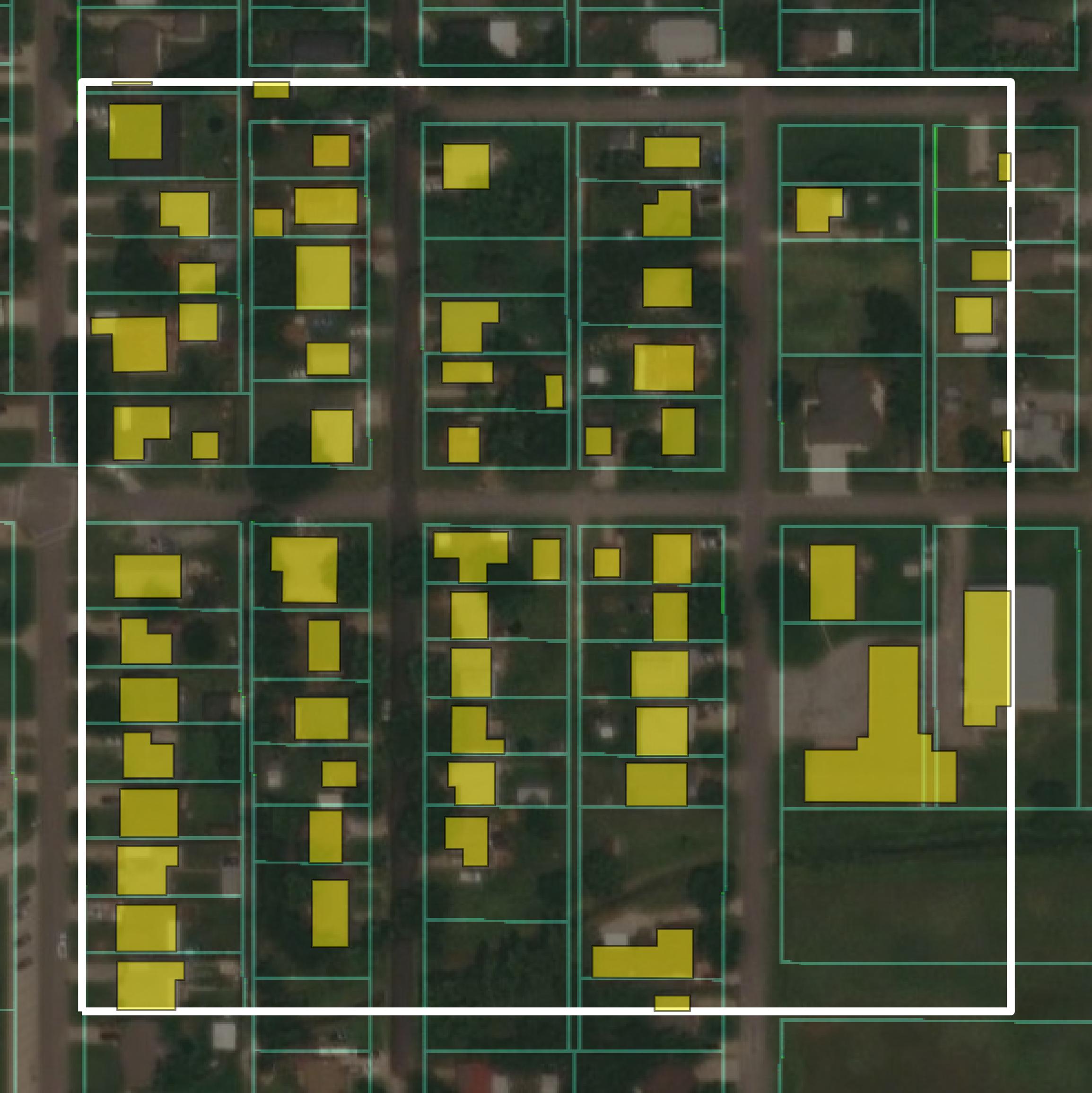 This image shows parcel and building data in Canadian County created using GIS data in Equator.