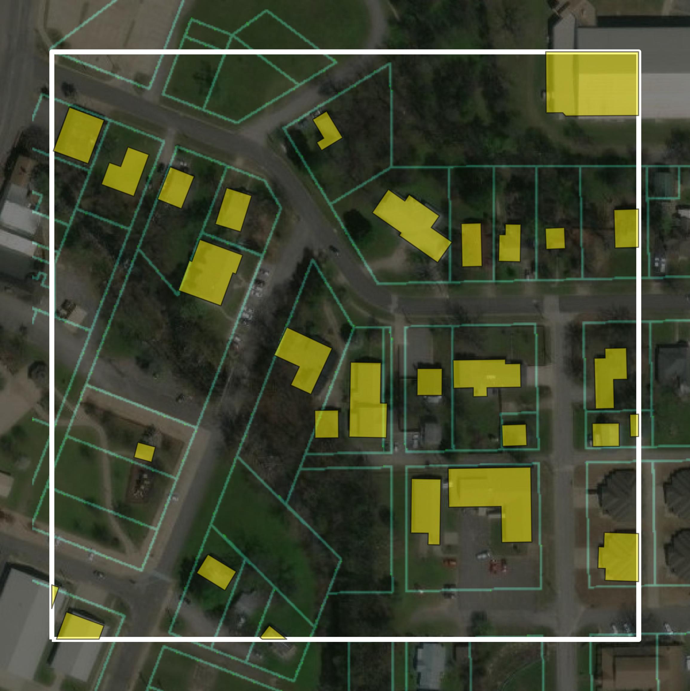 This image shows parcel and building data in Cherokee County created using GIS data in Equator.