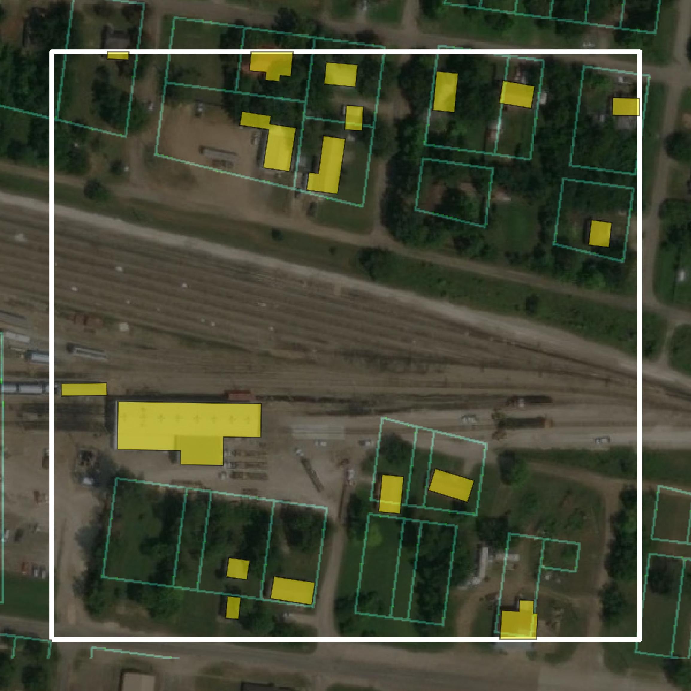This image shows parcel and building data in Choctaw County created using GIS data in Equator.