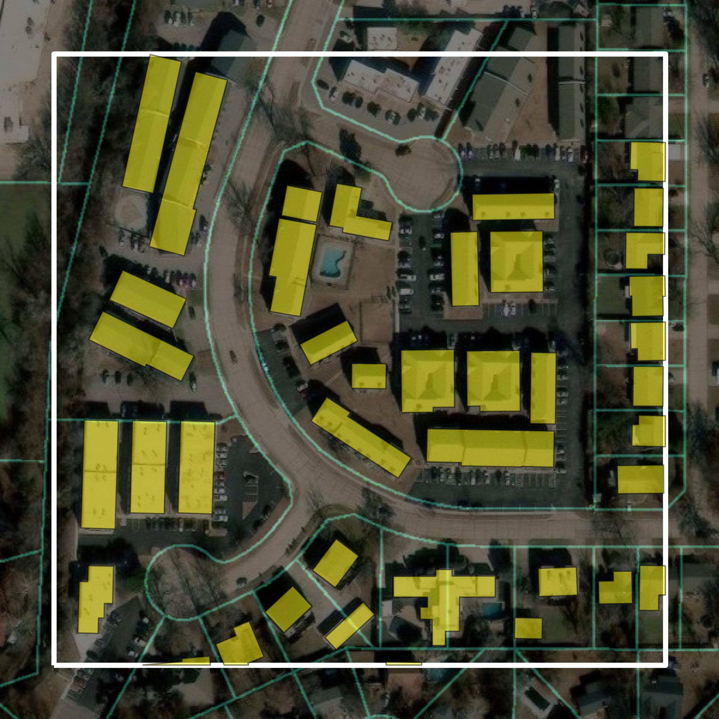 This image shows parcel and building data in Cleveland County created using GIS data in Equator.