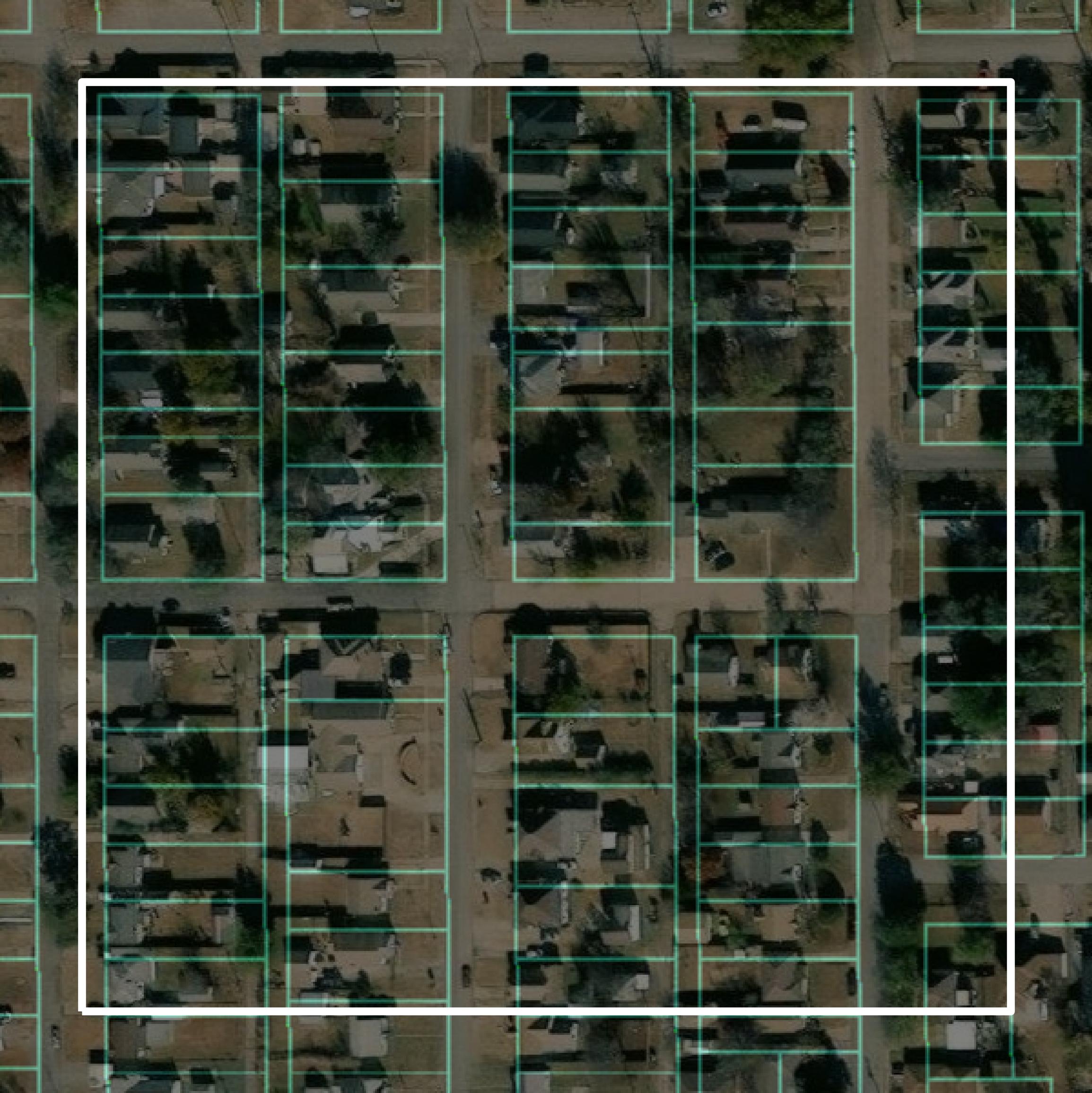 This image shows parcel and building data in Custer County created using GIS data in Equator.