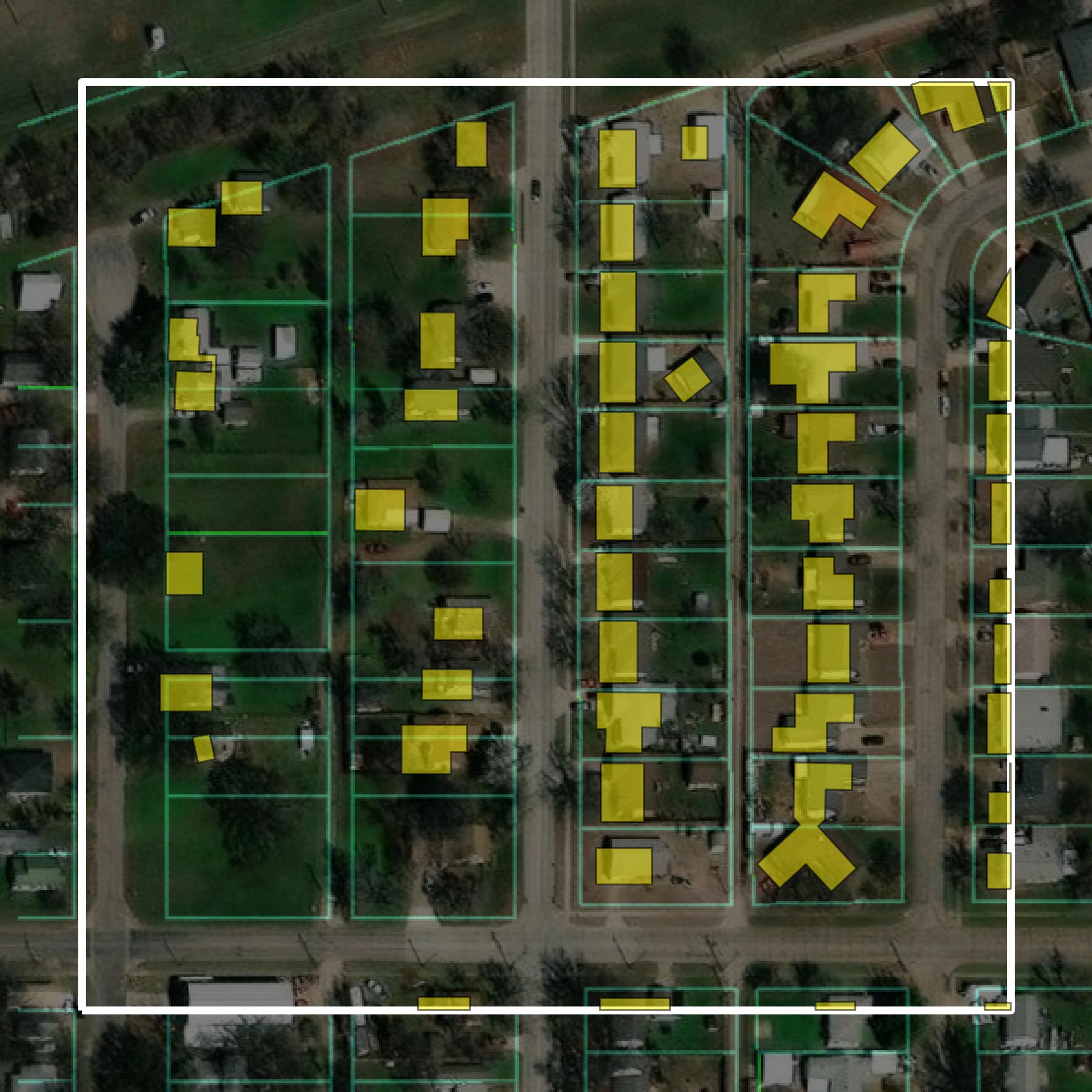 This image shows parcel and building data in Kay County created using GIS data in Equator.