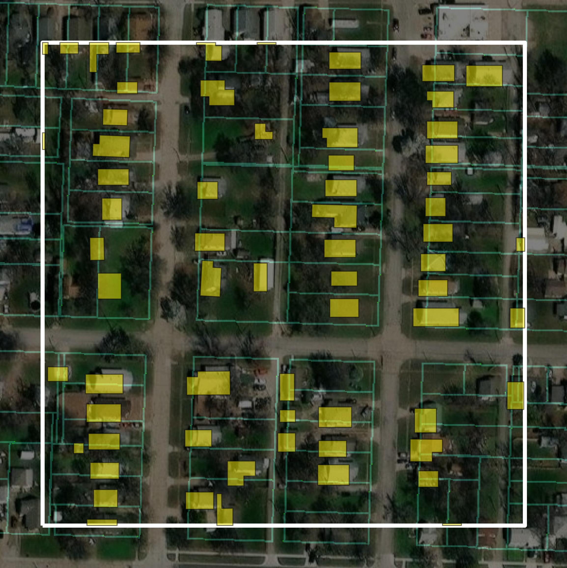 This image shows parcel and building data in Kay County created using GIS data in Equator.