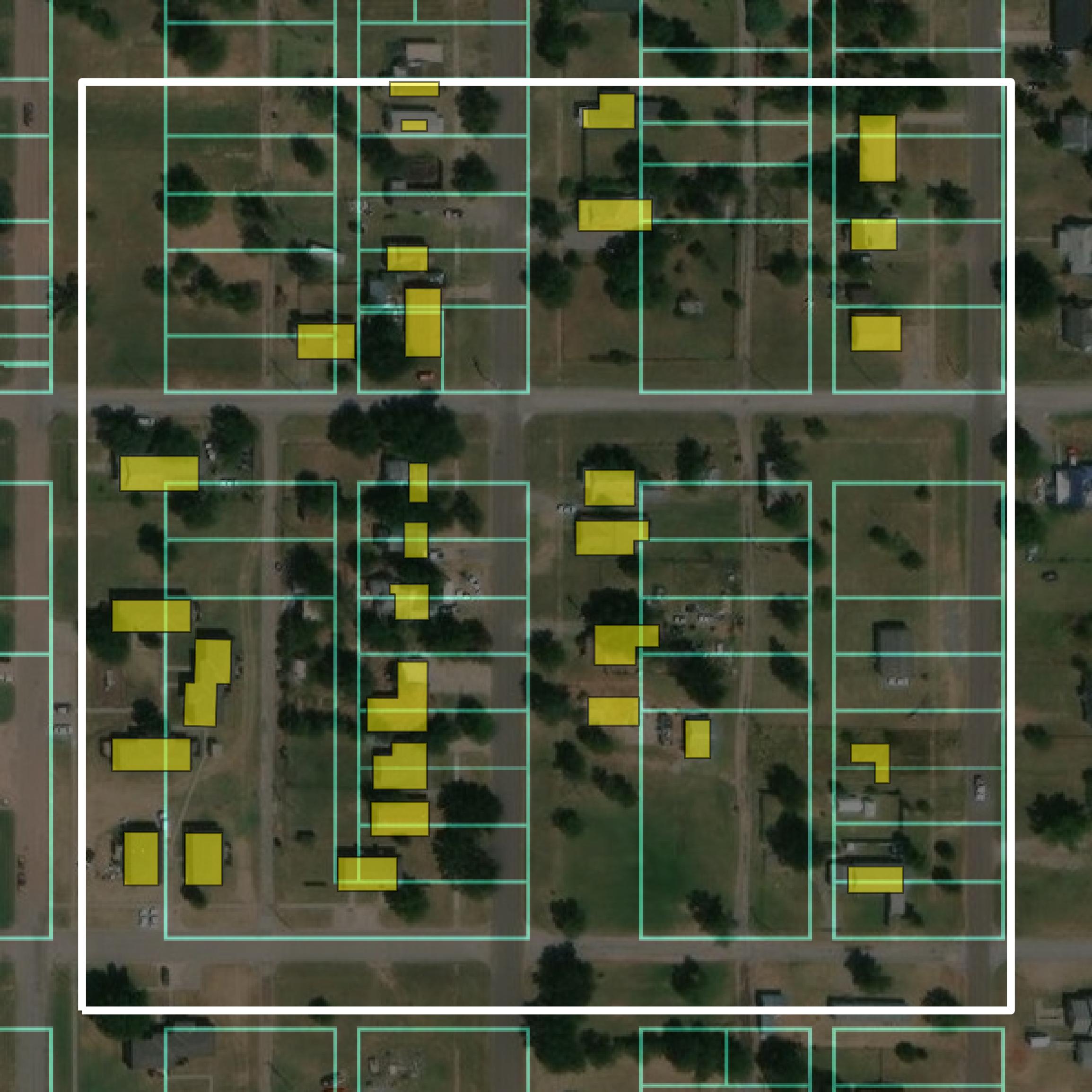 This image shows parcel and building data in Kiowa County created using GIS data in Equator.