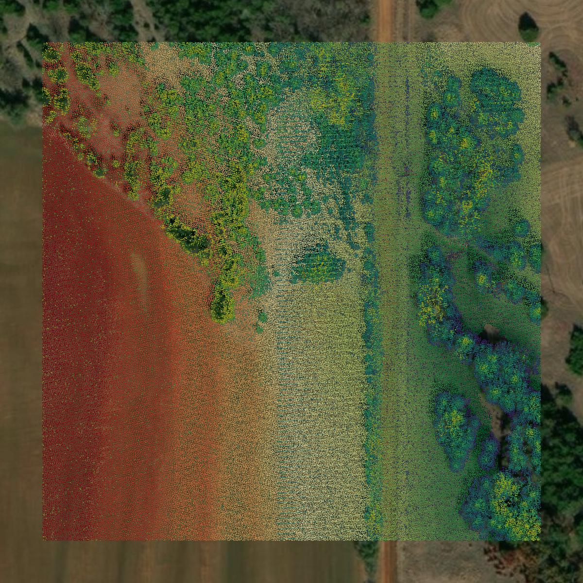This image shows a LiDAR point cloud in Logan County created using GIS data in Equator.