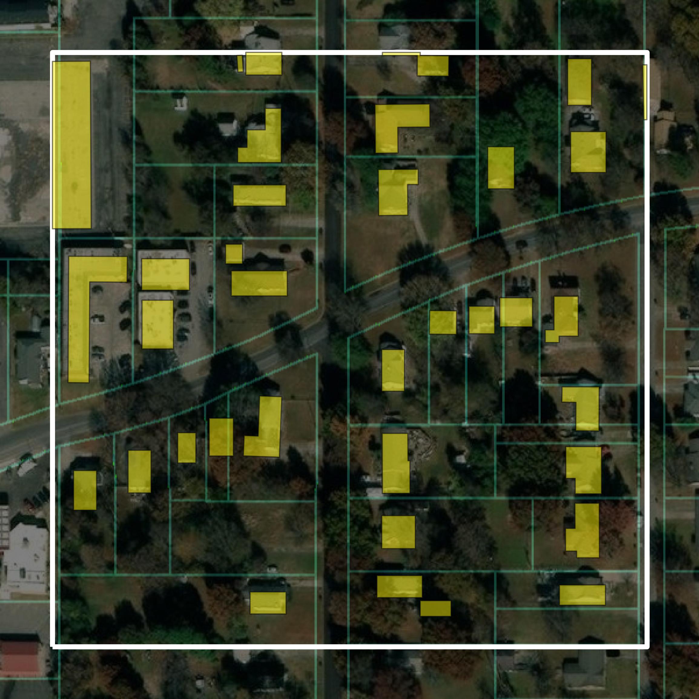 This image shows parcel and building data in Muskogee County created using GIS data in Equator.