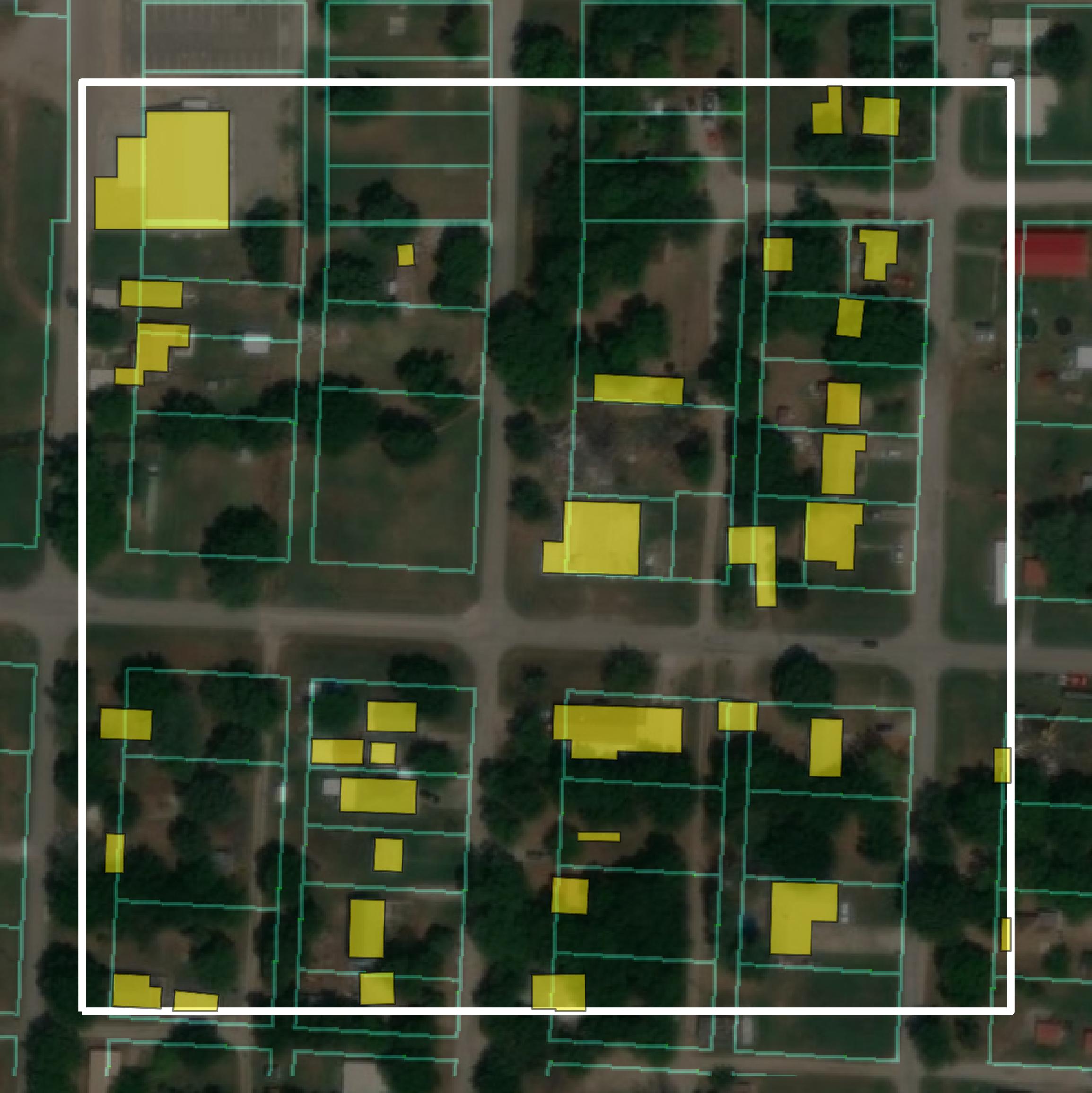 This image shows parcel and building data in Nowata County created using GIS data in Equator.
