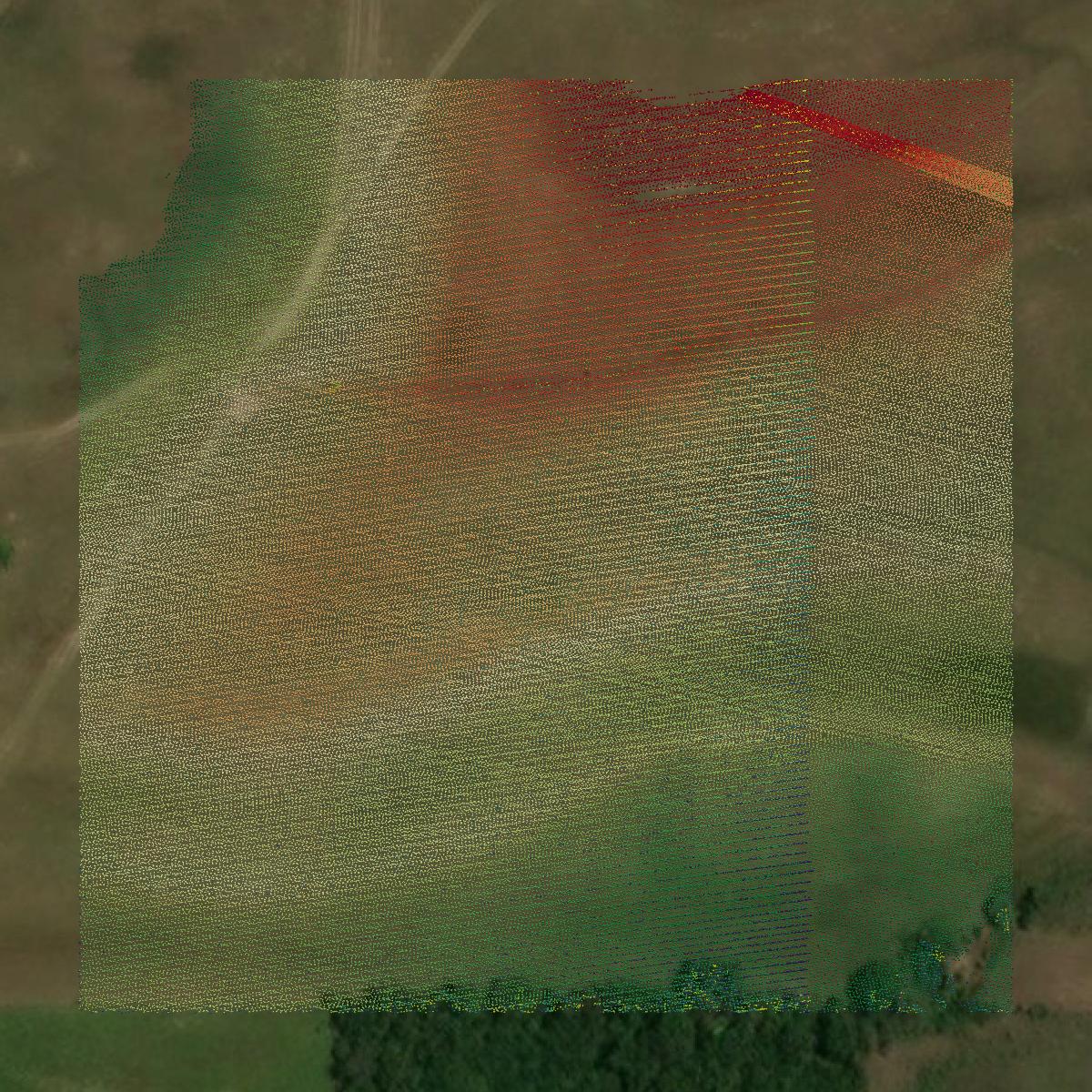 This image shows a LiDAR point cloud in Okfuskee County created using GIS data in Equator.