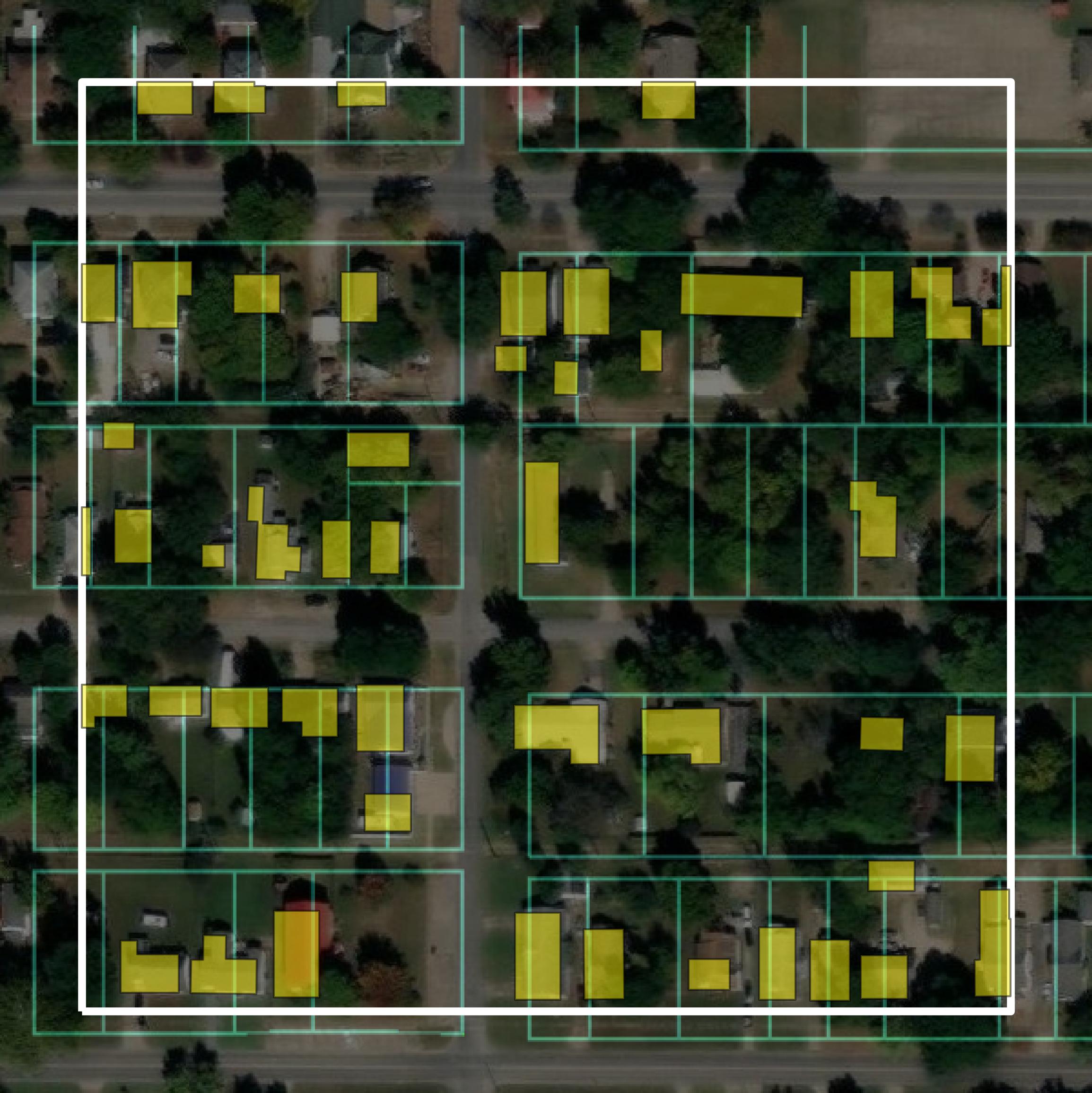 This image shows parcel and building data in Okmulgee County created using GIS data in Equator.