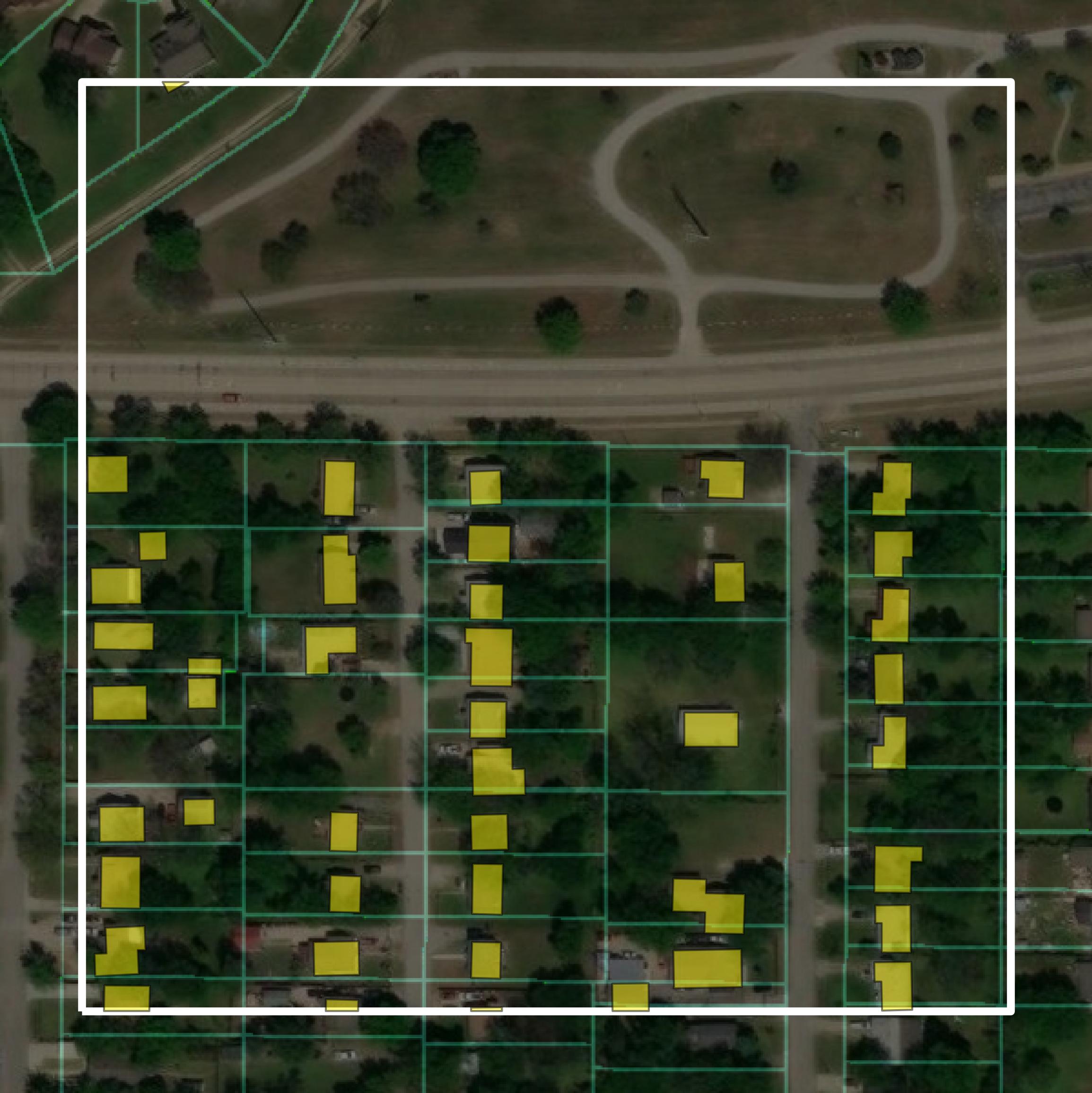 This image shows parcel and building data in Osage County created using GIS data in Equator.