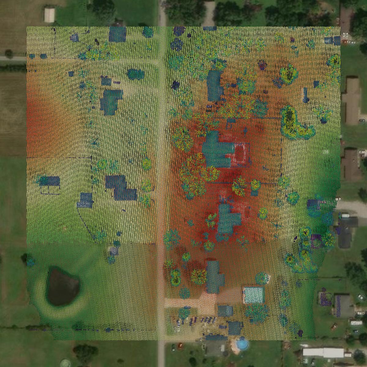 This image shows a LiDAR point cloud in Rogers County created using GIS data in Equator.