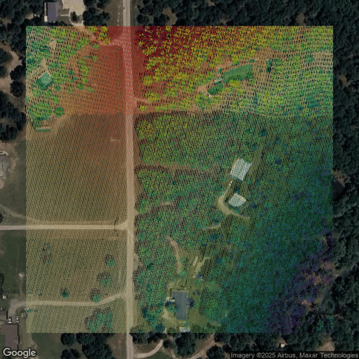 This image shows a LiDAR point cloud in Tulsa County created using GIS data in Equator.