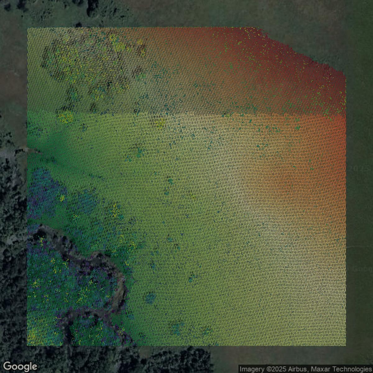This image shows a LiDAR point cloud in Tulsa County created using GIS data in Equator.
