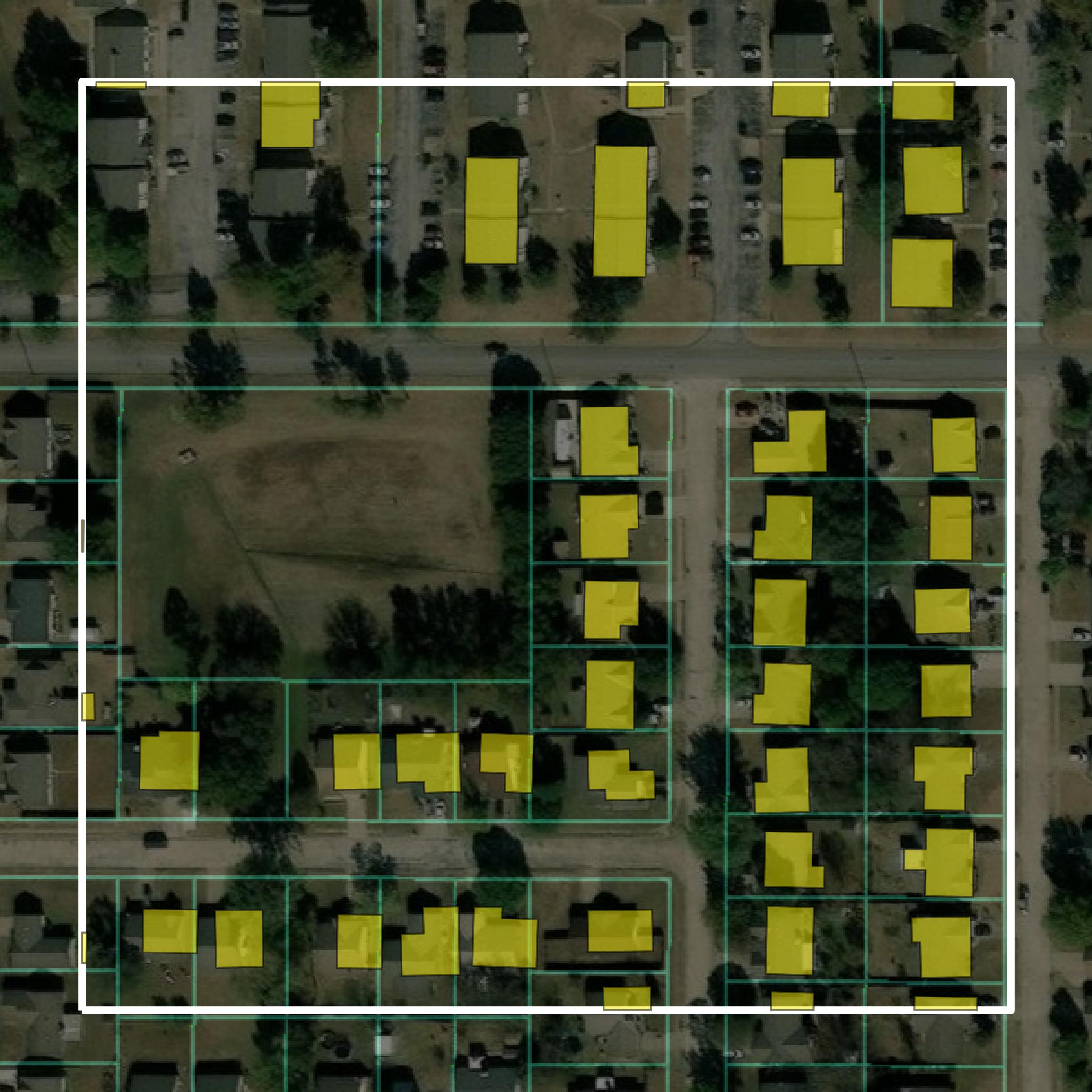 This image shows parcel and building data in Washington County created using GIS data in Equator.
