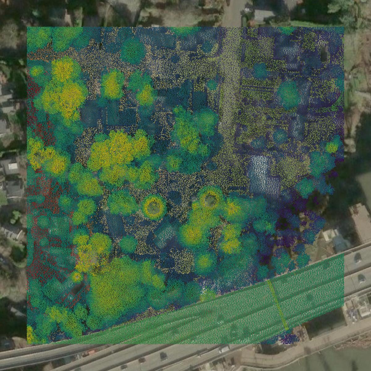 This image shows a LiDAR point cloud in Clackamas County created using GIS data in Equator.