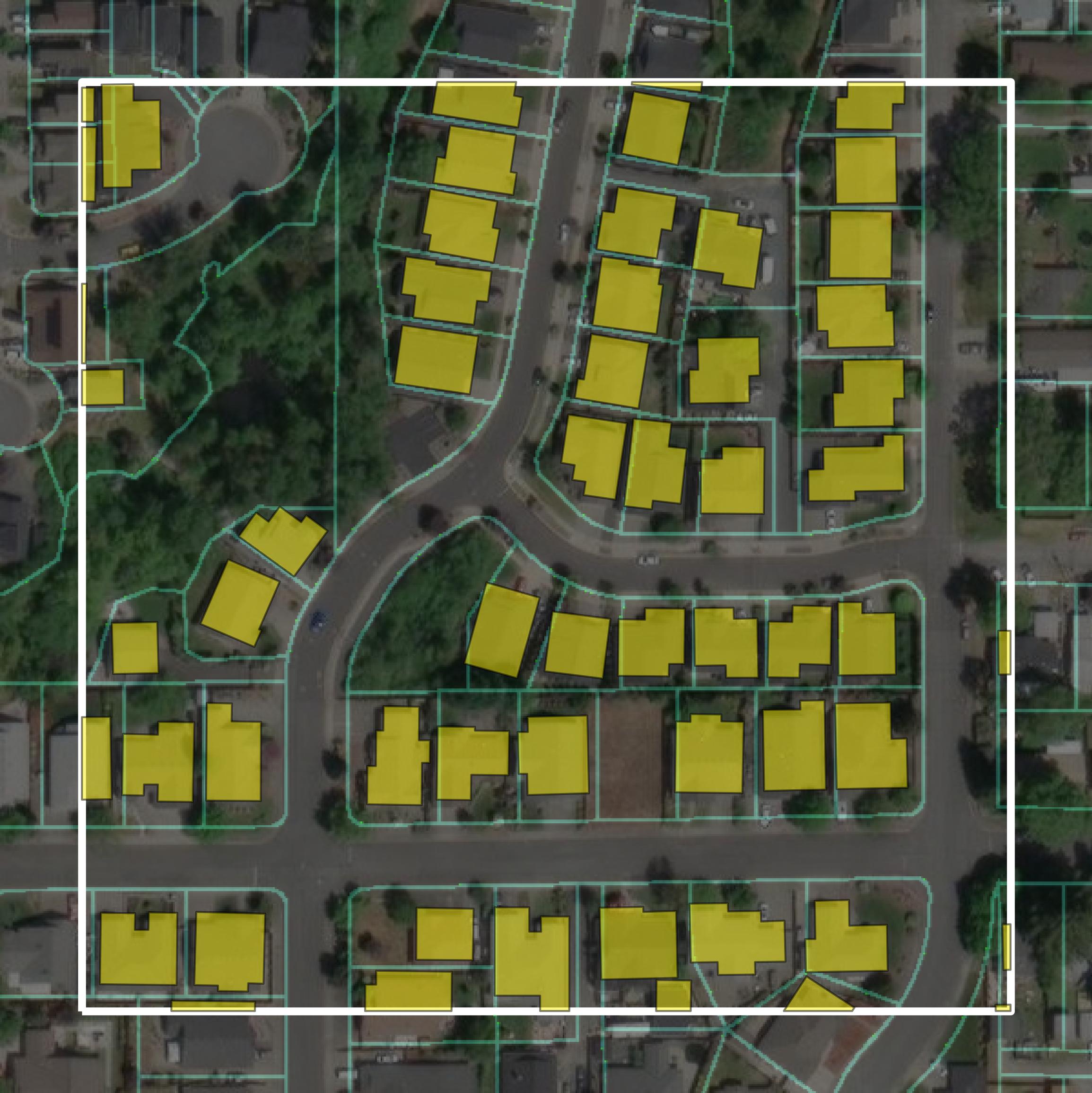 This image shows parcel and building data in Josephine County created using GIS data in Equator.