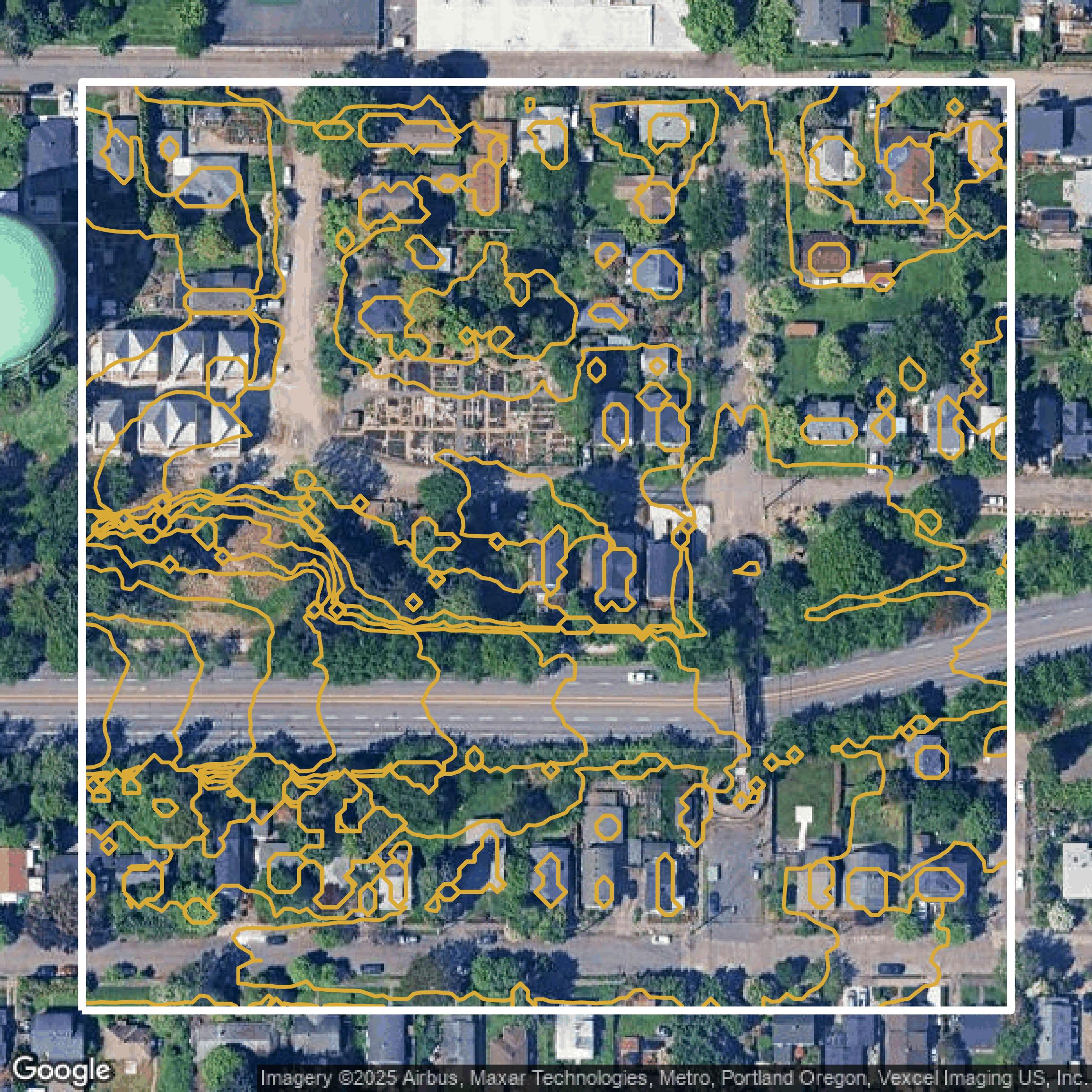 This image shows a contour map in Multnomah County created using GIS data in Equator.