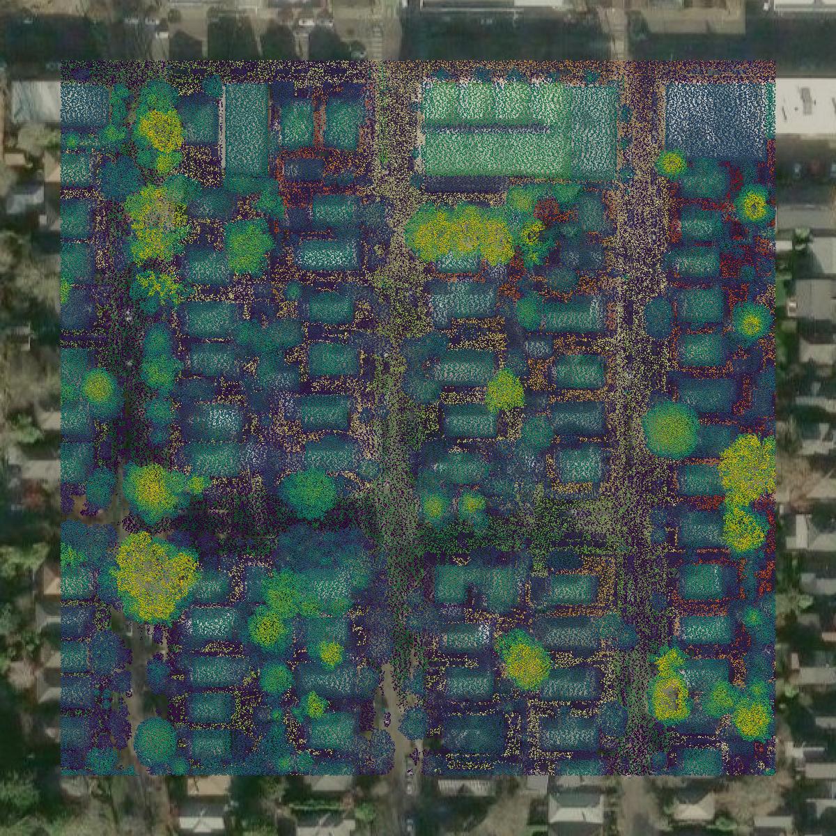 This image shows a LiDAR point cloud in Multnomah County created using GIS data in Equator.