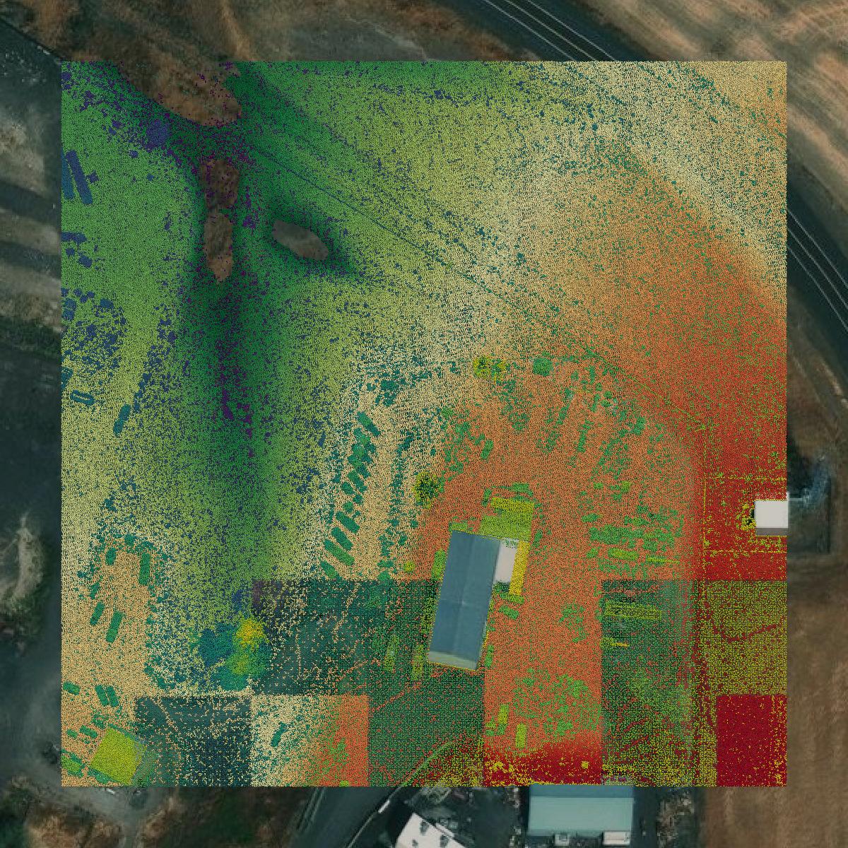 This image shows a LiDAR point cloud in Umatilla County created using GIS data in Equator.
