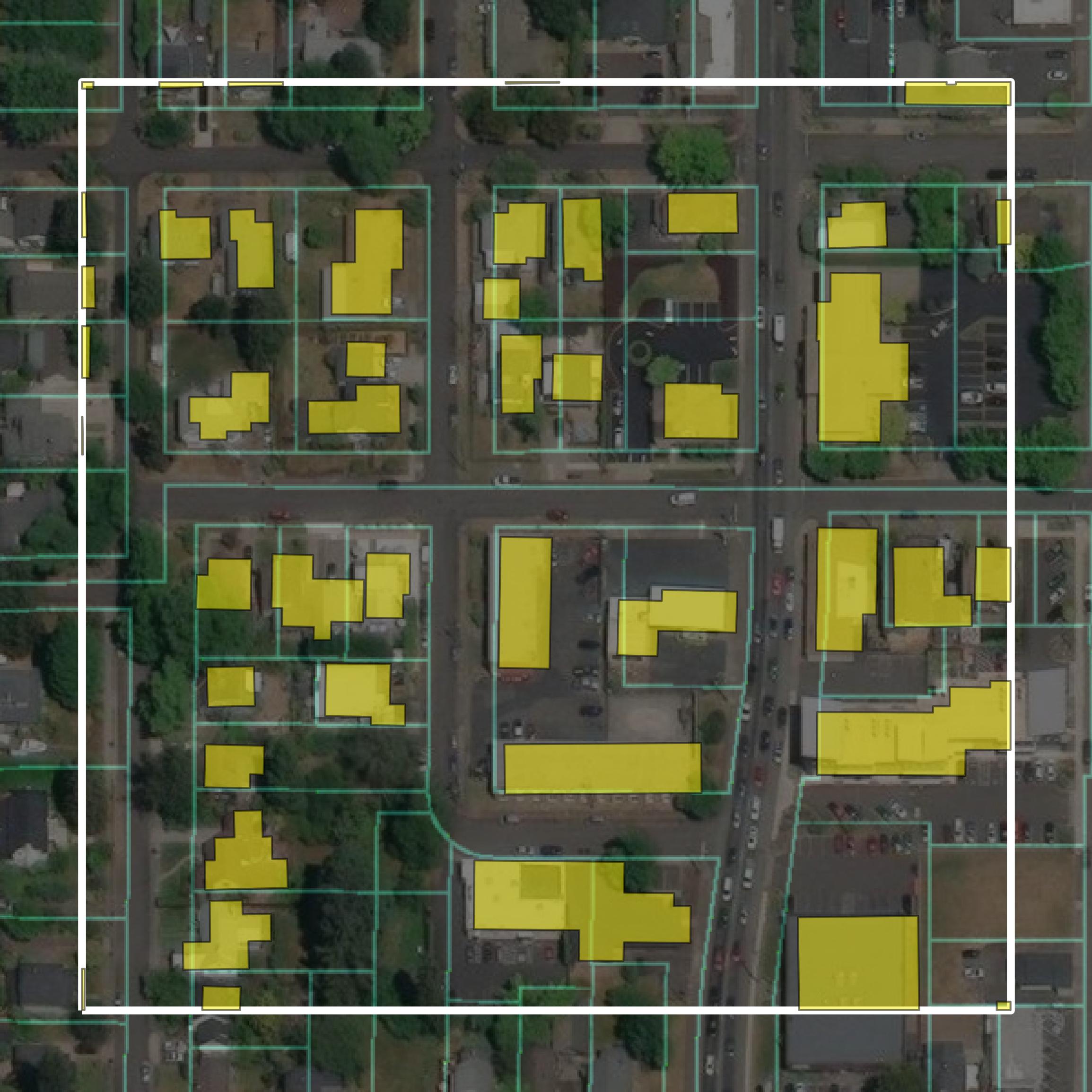 This image shows parcel and building data in Yamhill County created using GIS data in Equator.