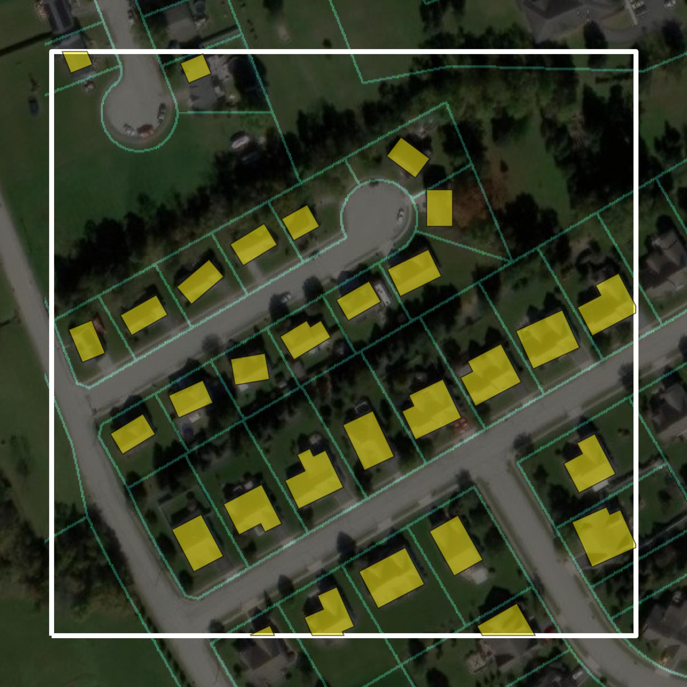 This image shows parcel and building data in Adams County created using GIS data in Equator.