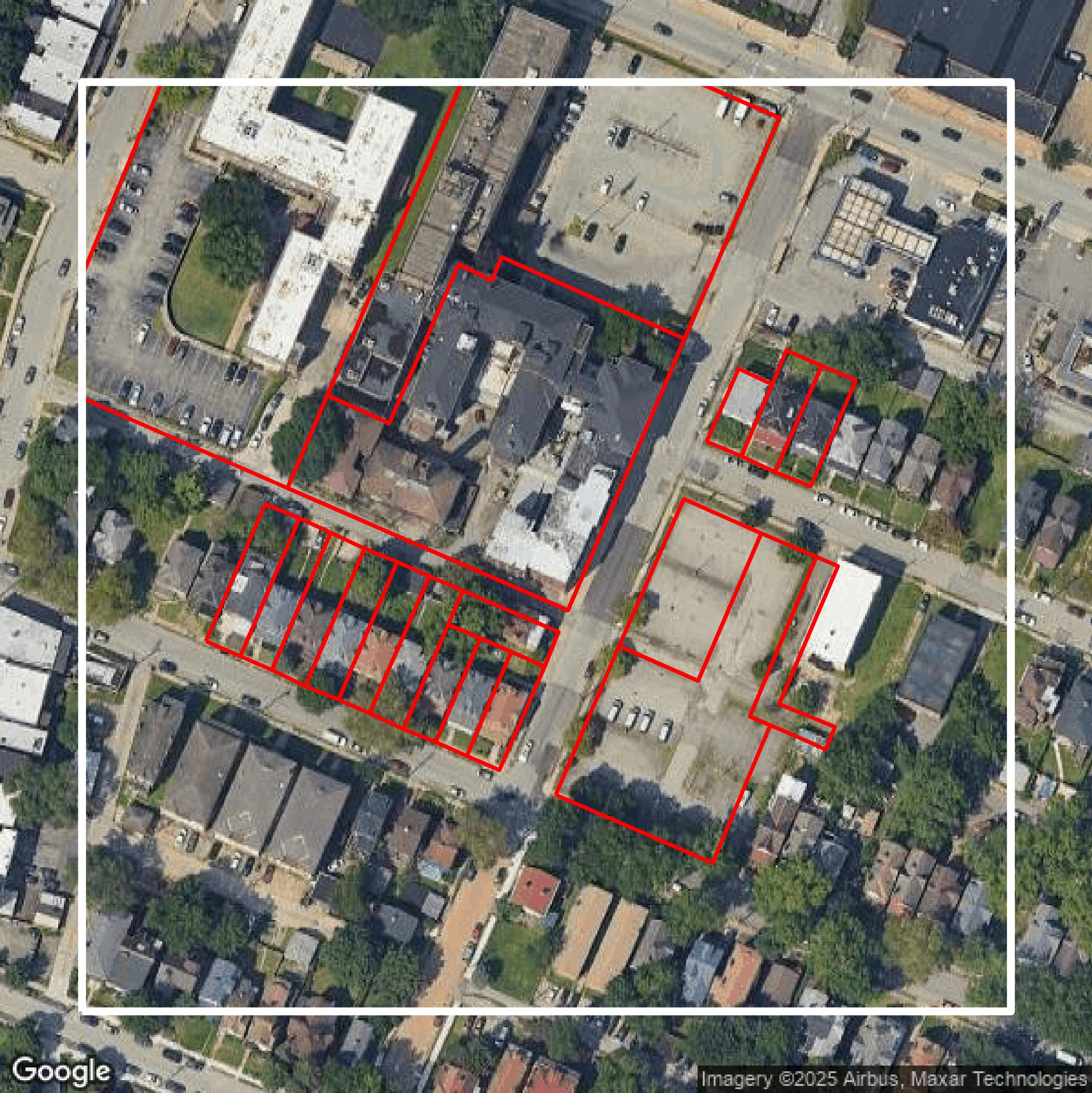 This image shows parcel and building data in Allegheny County created using GIS data in Equator.