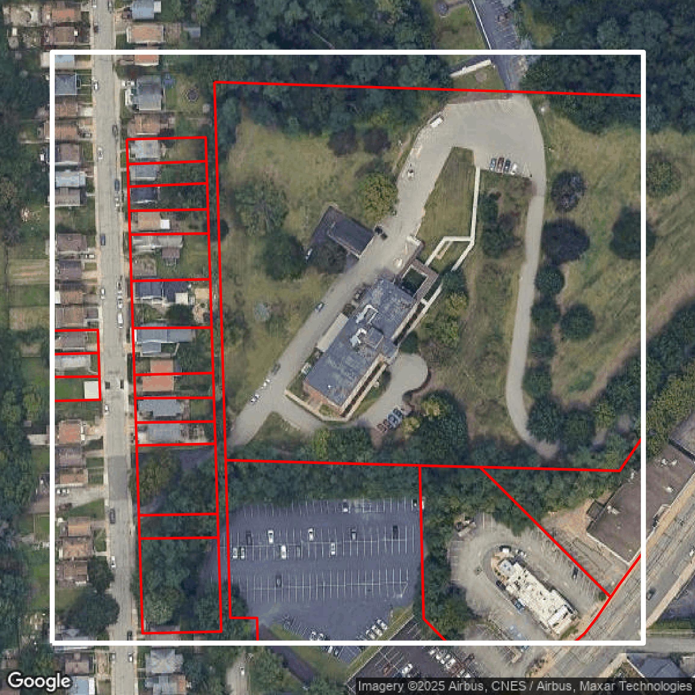 This image shows parcel and building data in Allegheny County created using GIS data in Equator.