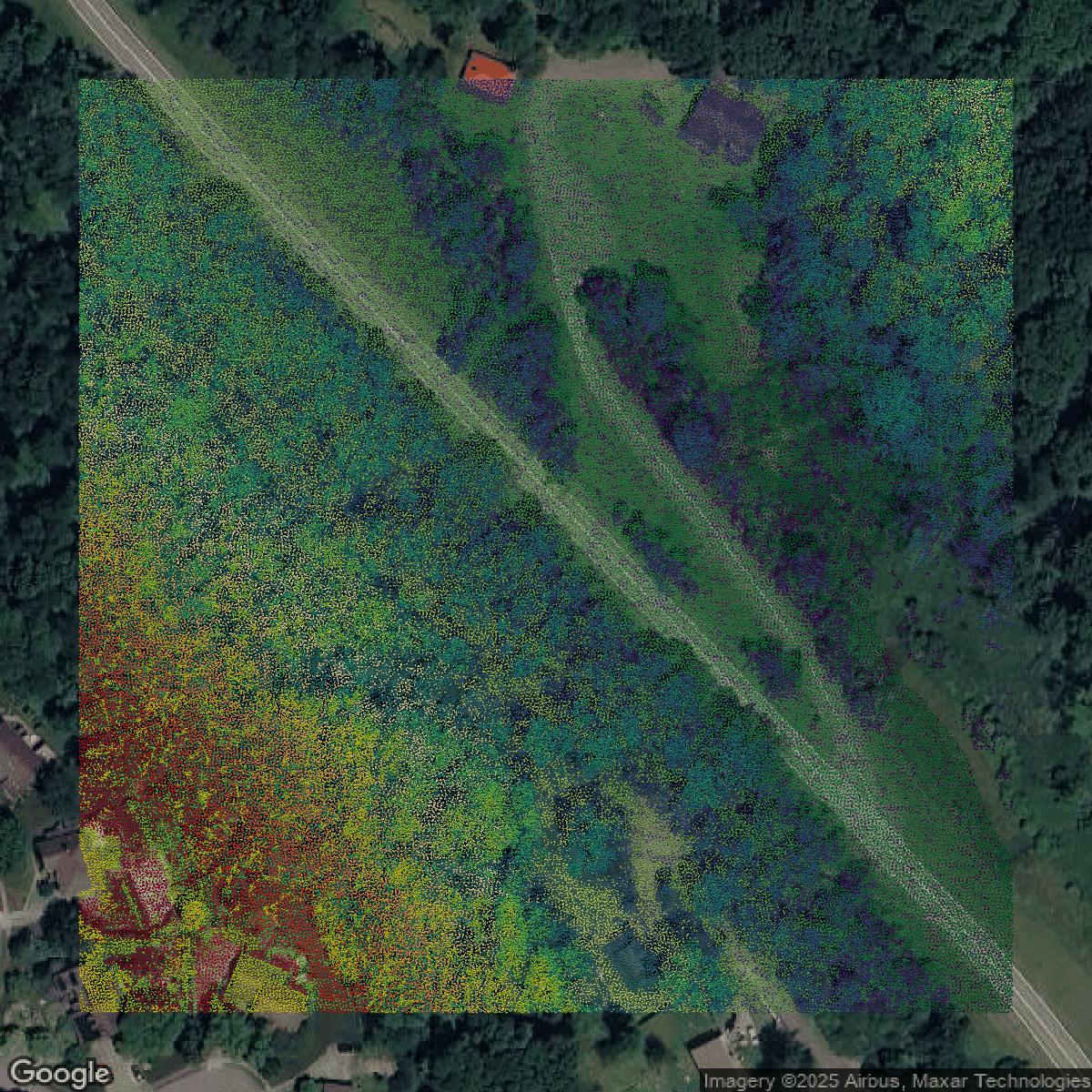 This image shows a LiDAR point cloud in Allegheny County created using GIS data in Equator.