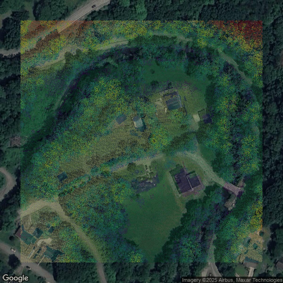 This image shows a LiDAR point cloud in Allegheny County created using GIS data in Equator.