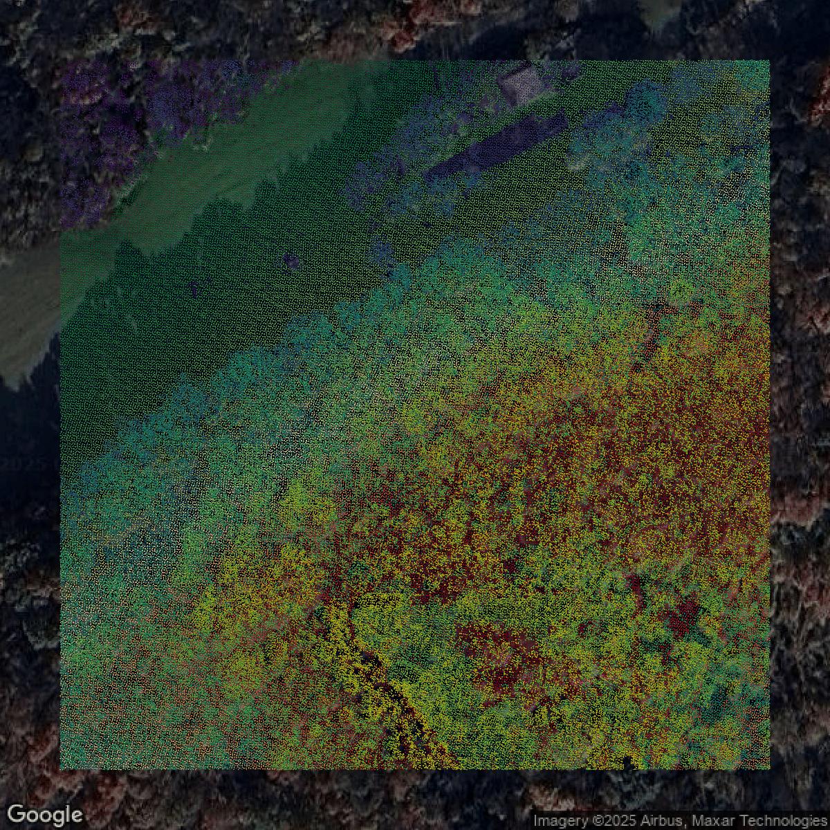 This image shows a LiDAR point cloud in Allegheny County created using GIS data in Equator.