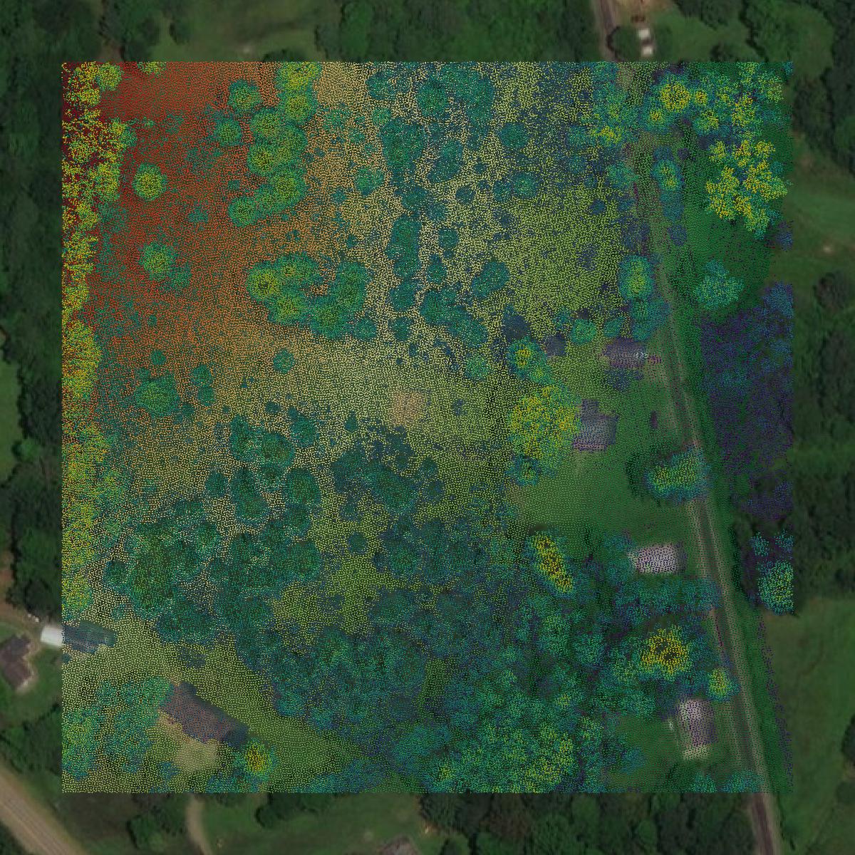 This image shows a LiDAR point cloud in Clarion County created using GIS data in Equator.