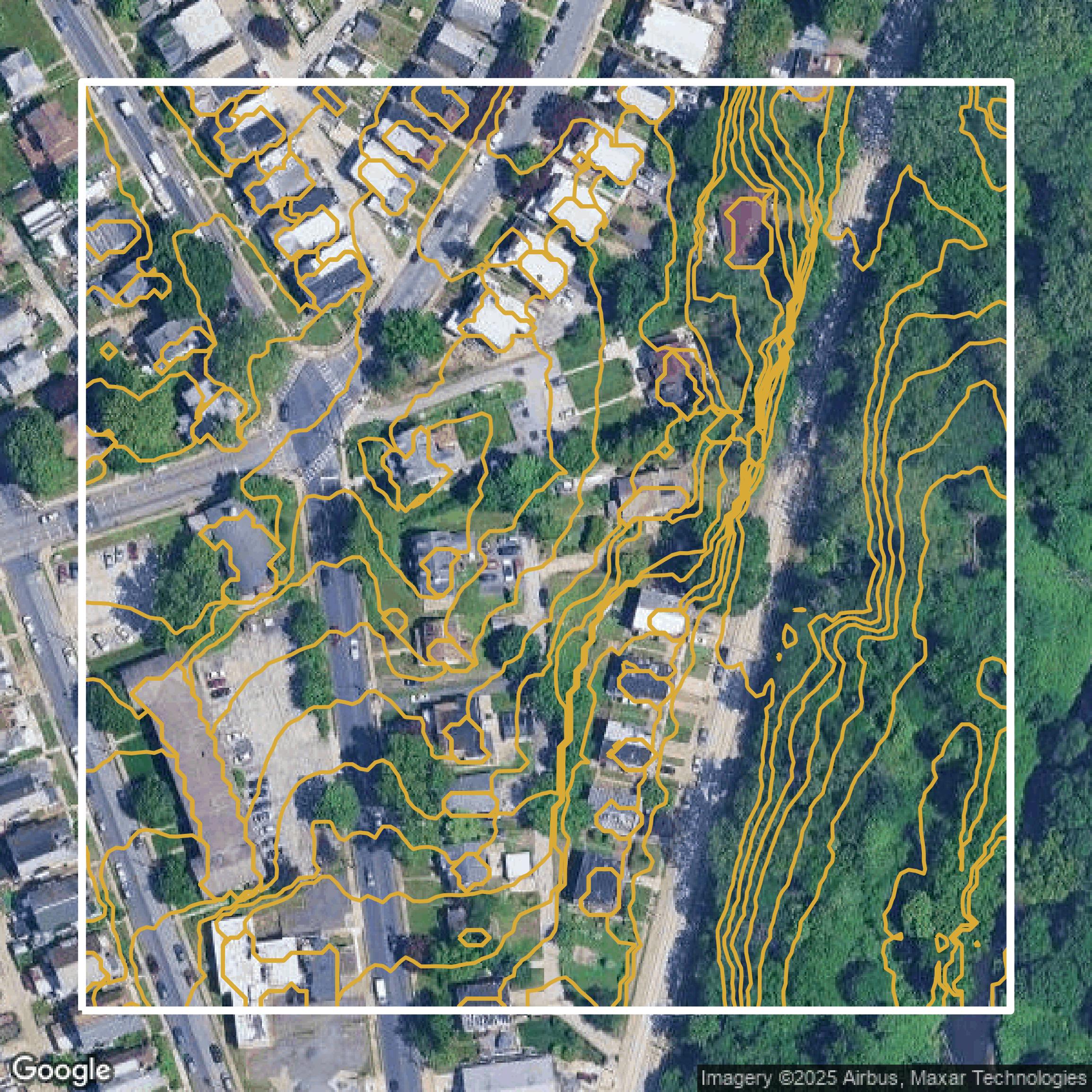 This image shows a contour map in Delaware County created using GIS data in Equator.