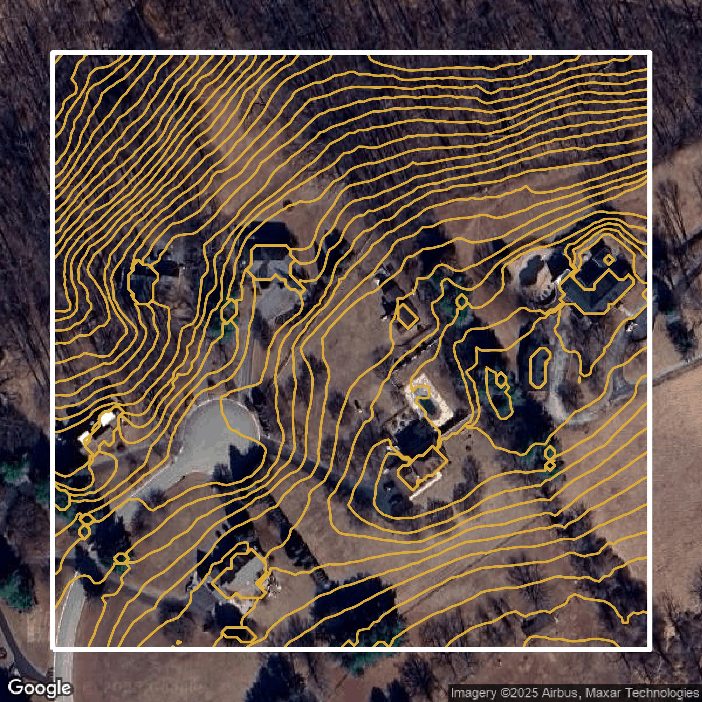 This image shows a contour map in Delaware County created using GIS data in Equator.