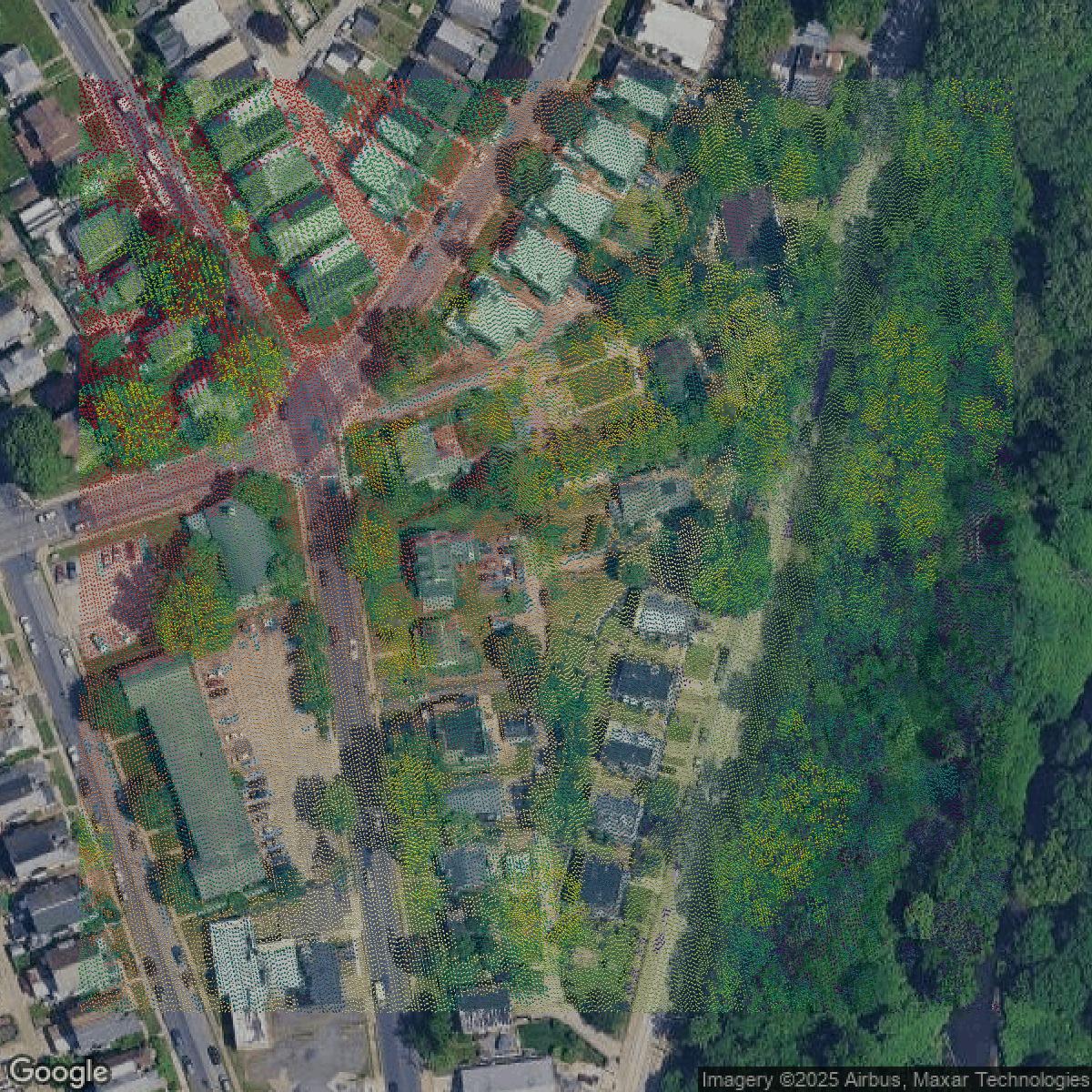 This image shows a LiDAR point cloud in Delaware County created using GIS data in Equator.