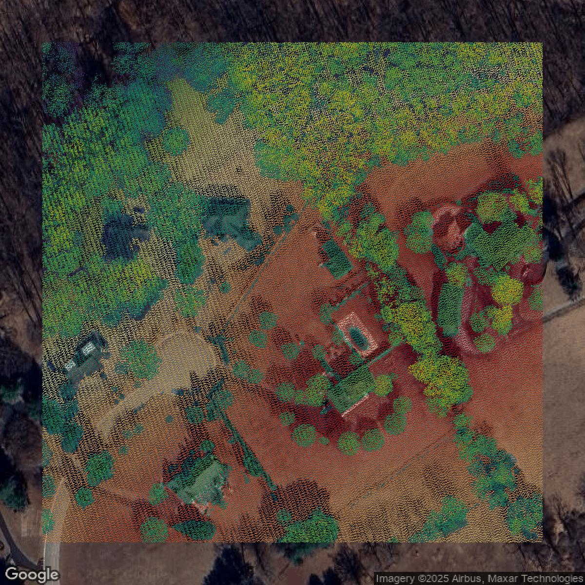 This image shows a LiDAR point cloud in Delaware County created using GIS data in Equator.