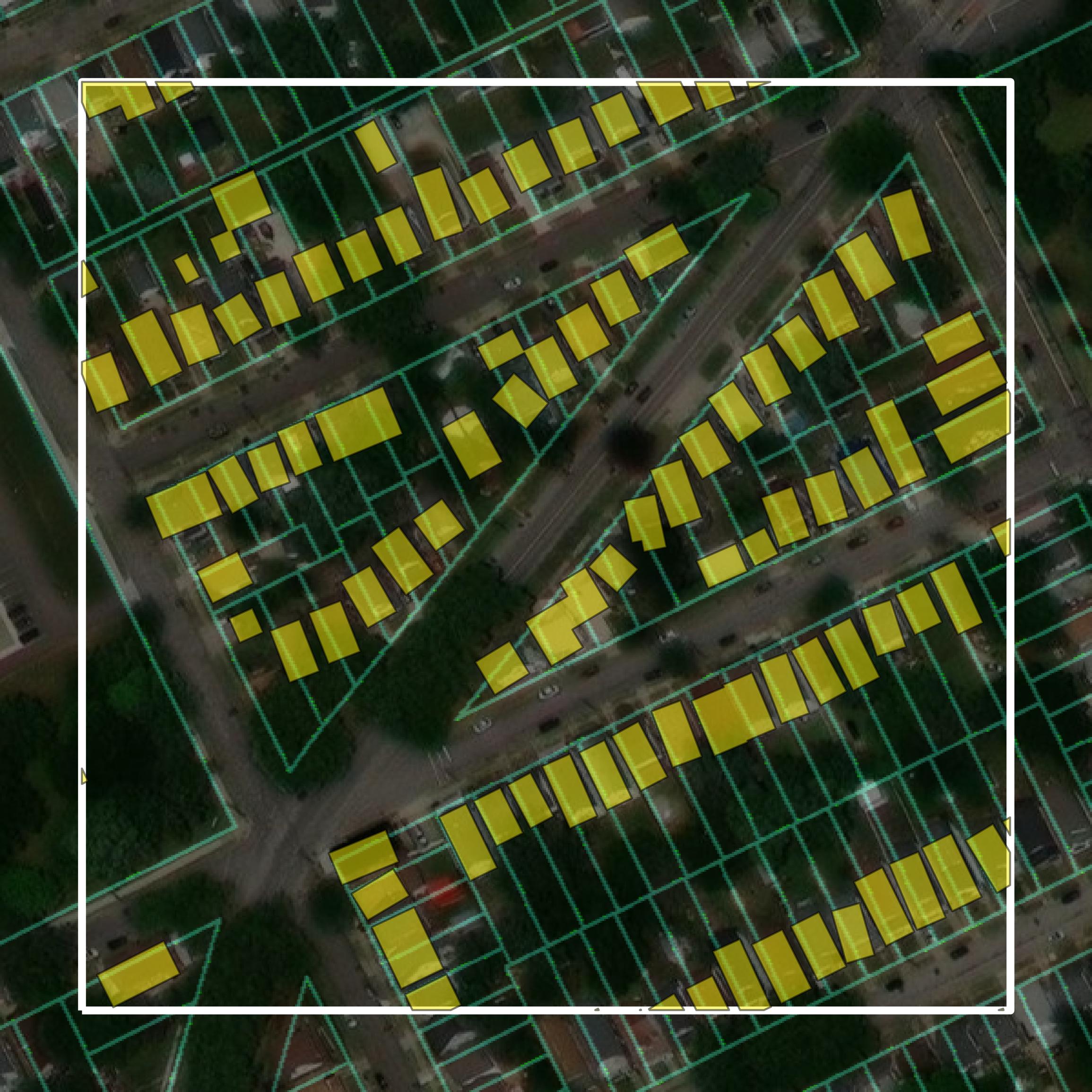This image shows parcel and building data in Erie County created using GIS data in Equator.