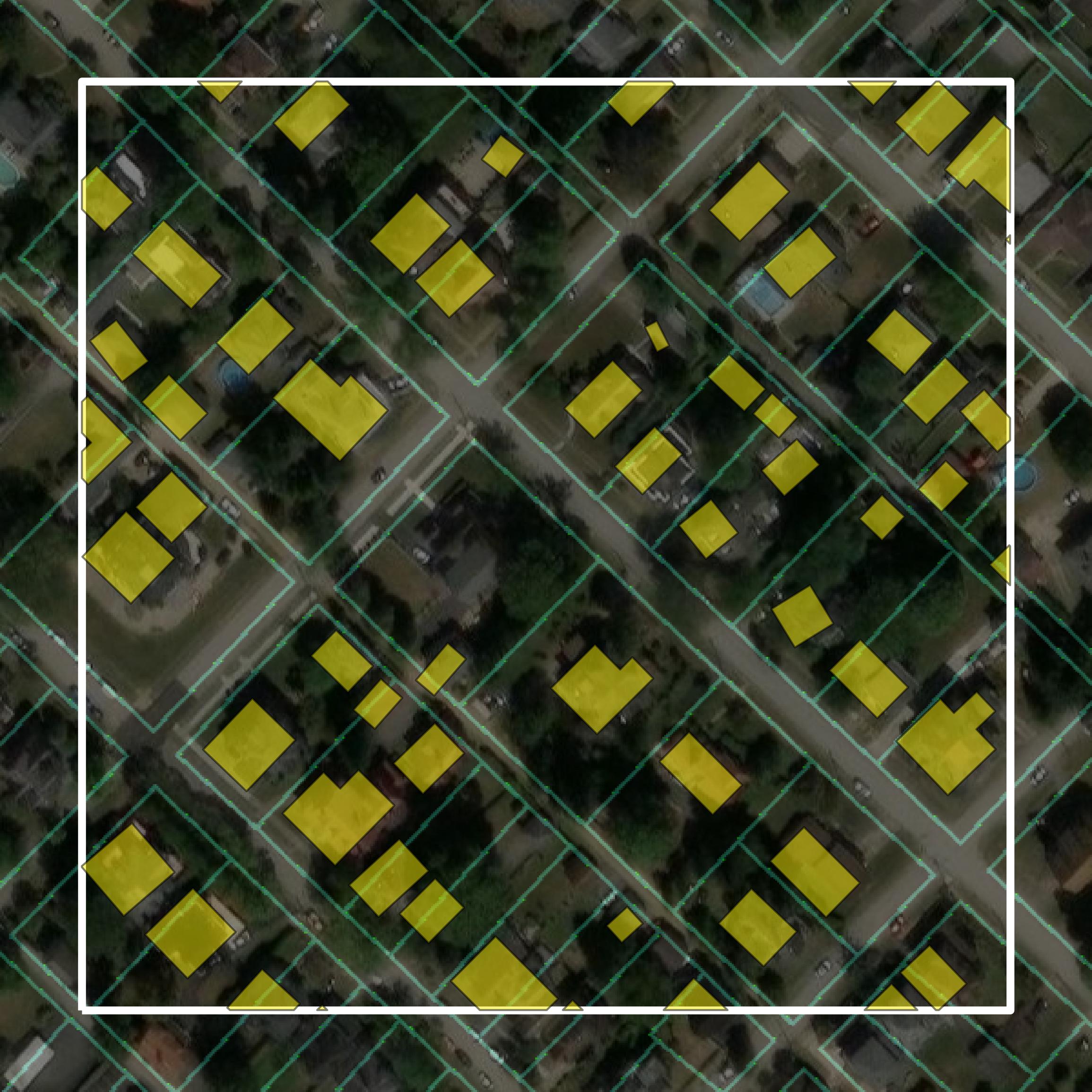 This image shows parcel and building data in Fayette County created using GIS data in Equator.