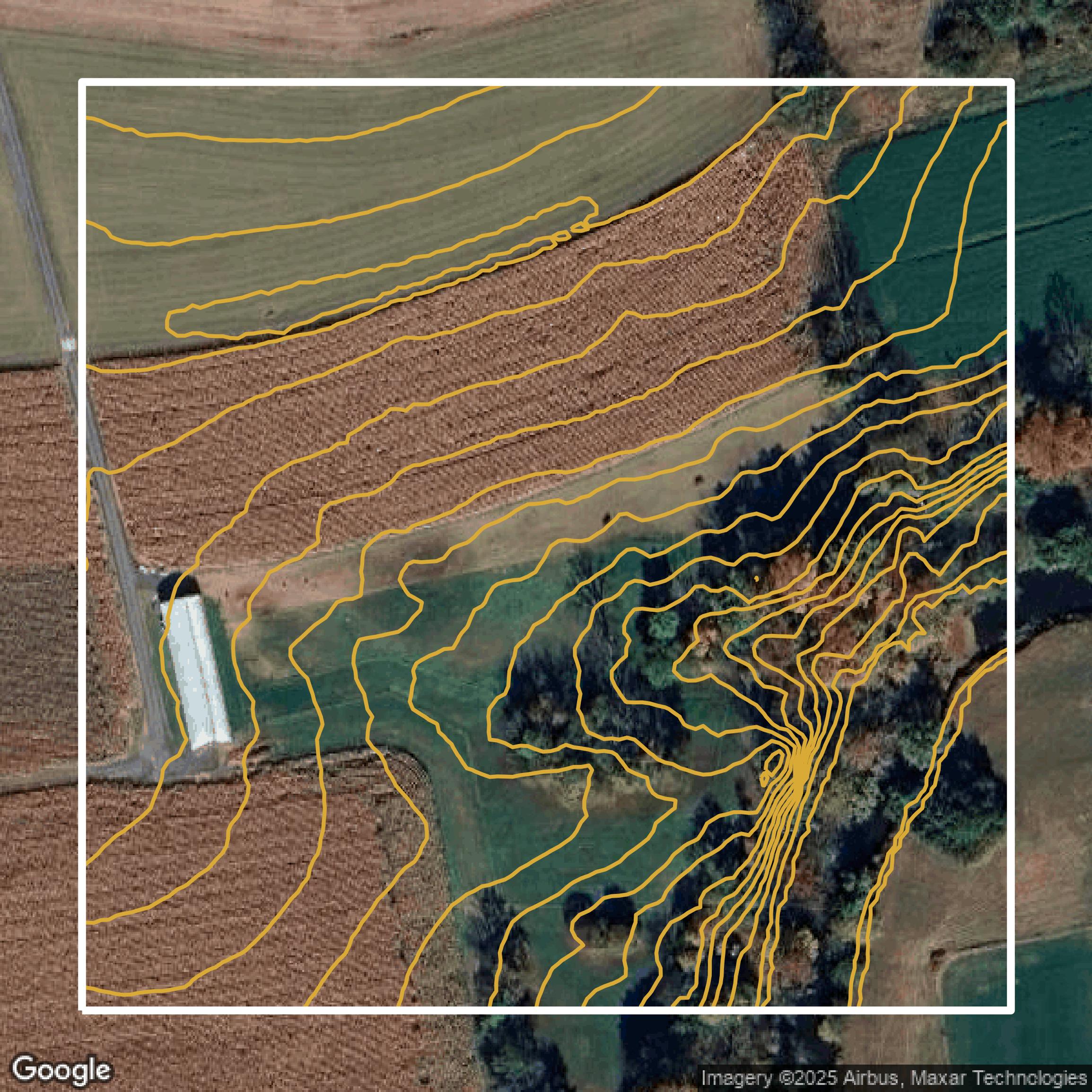 This image shows a contour map in Lancaster County created using GIS data in Equator.