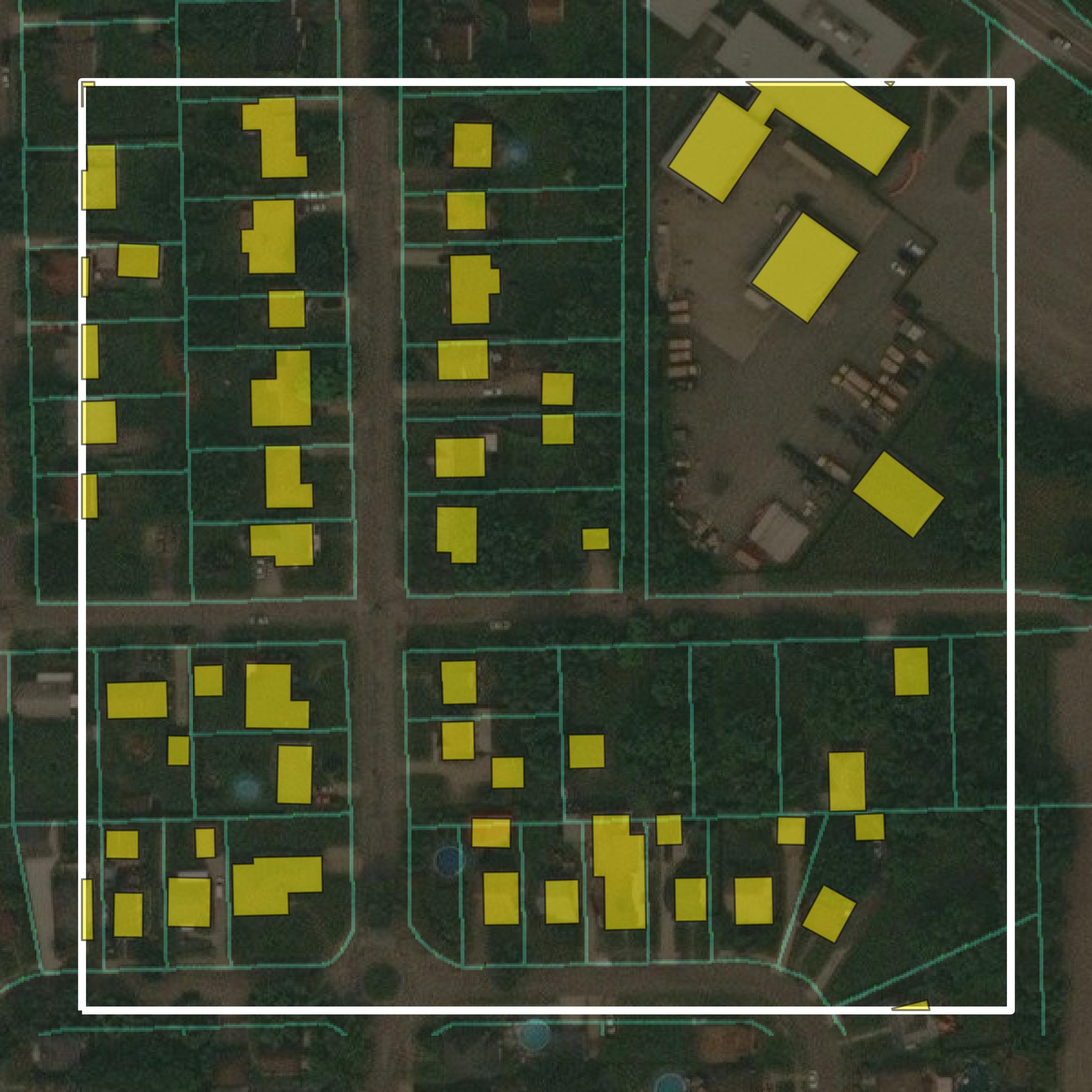 This image shows parcel and building data in Mercer County created using GIS data in Equator.